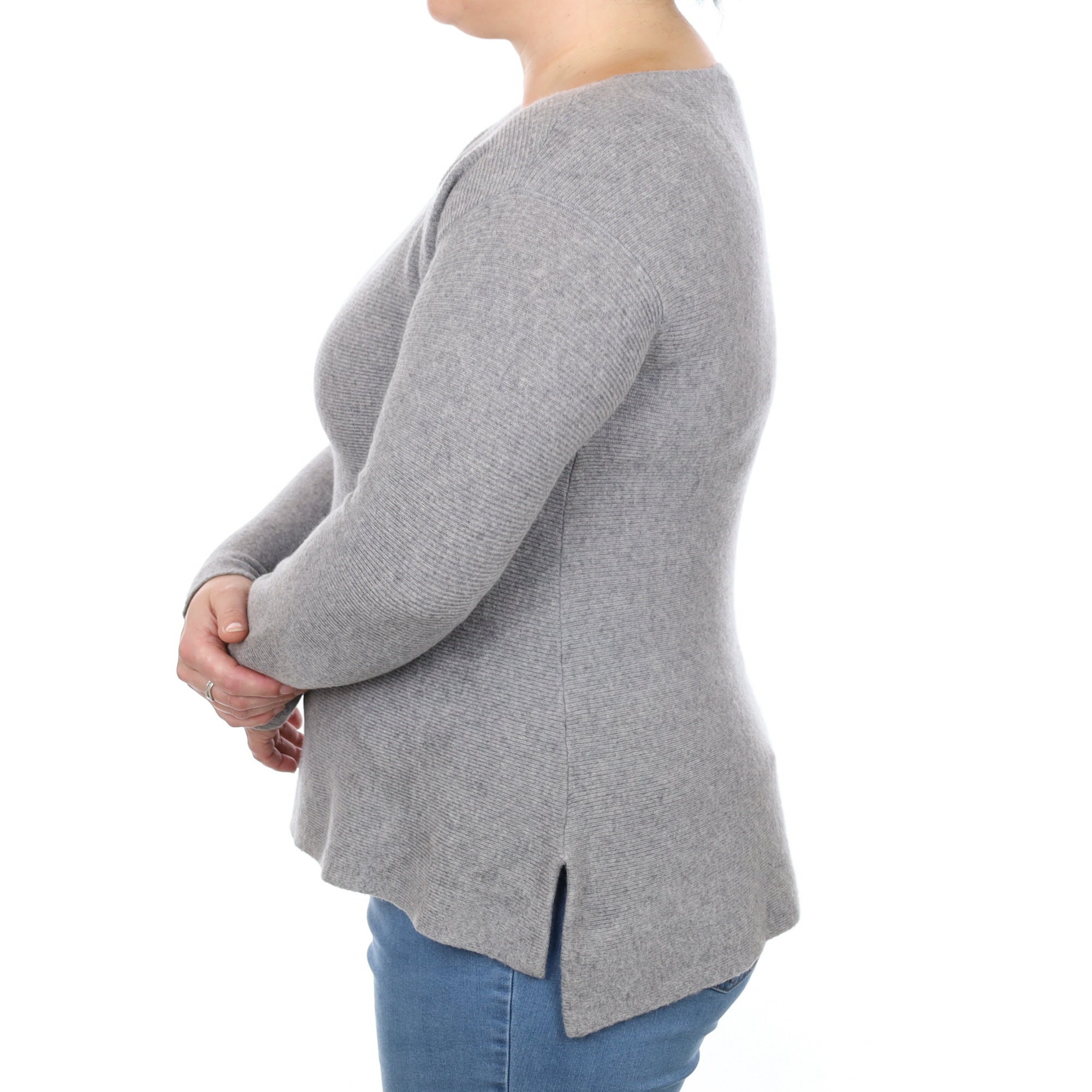 Ash Grey Cashmere Ribbed A - Line Slash  Neck Jumper Large