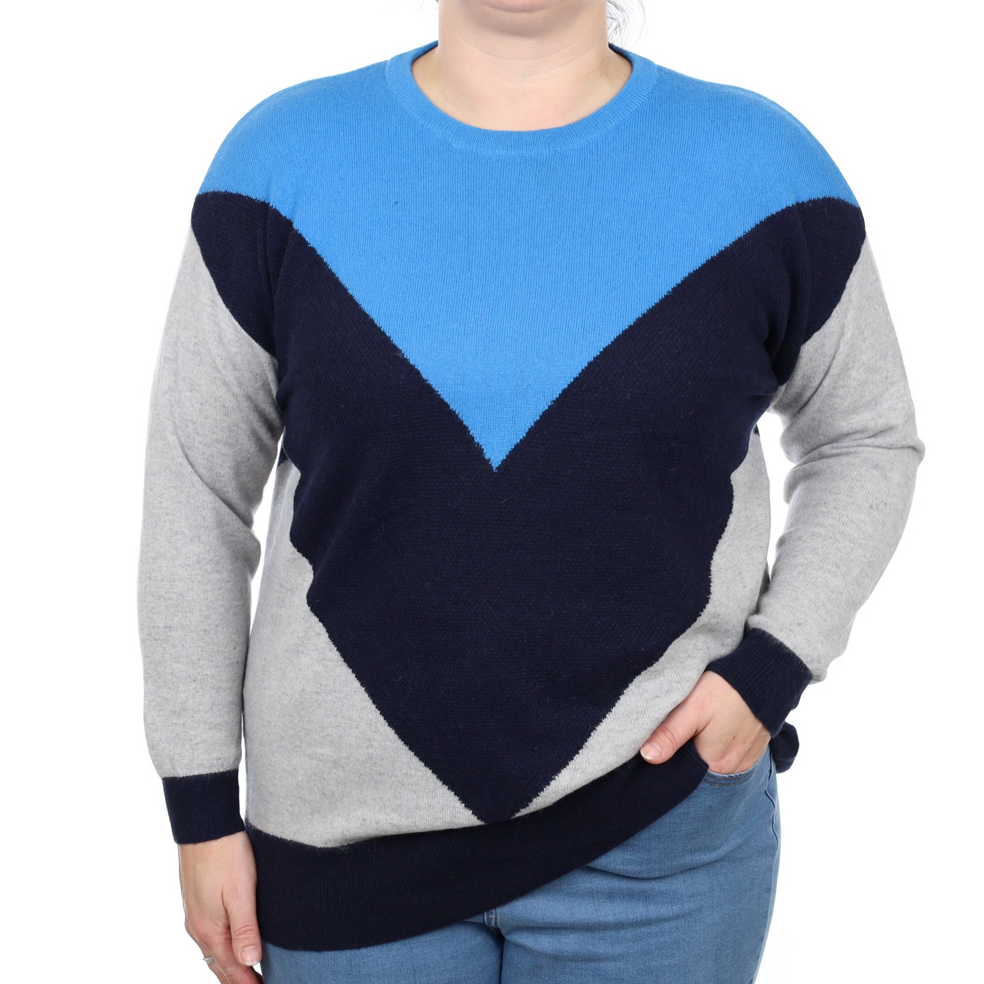 Azure Blue Colour Block Cashmere Crew Neck Jumper Large