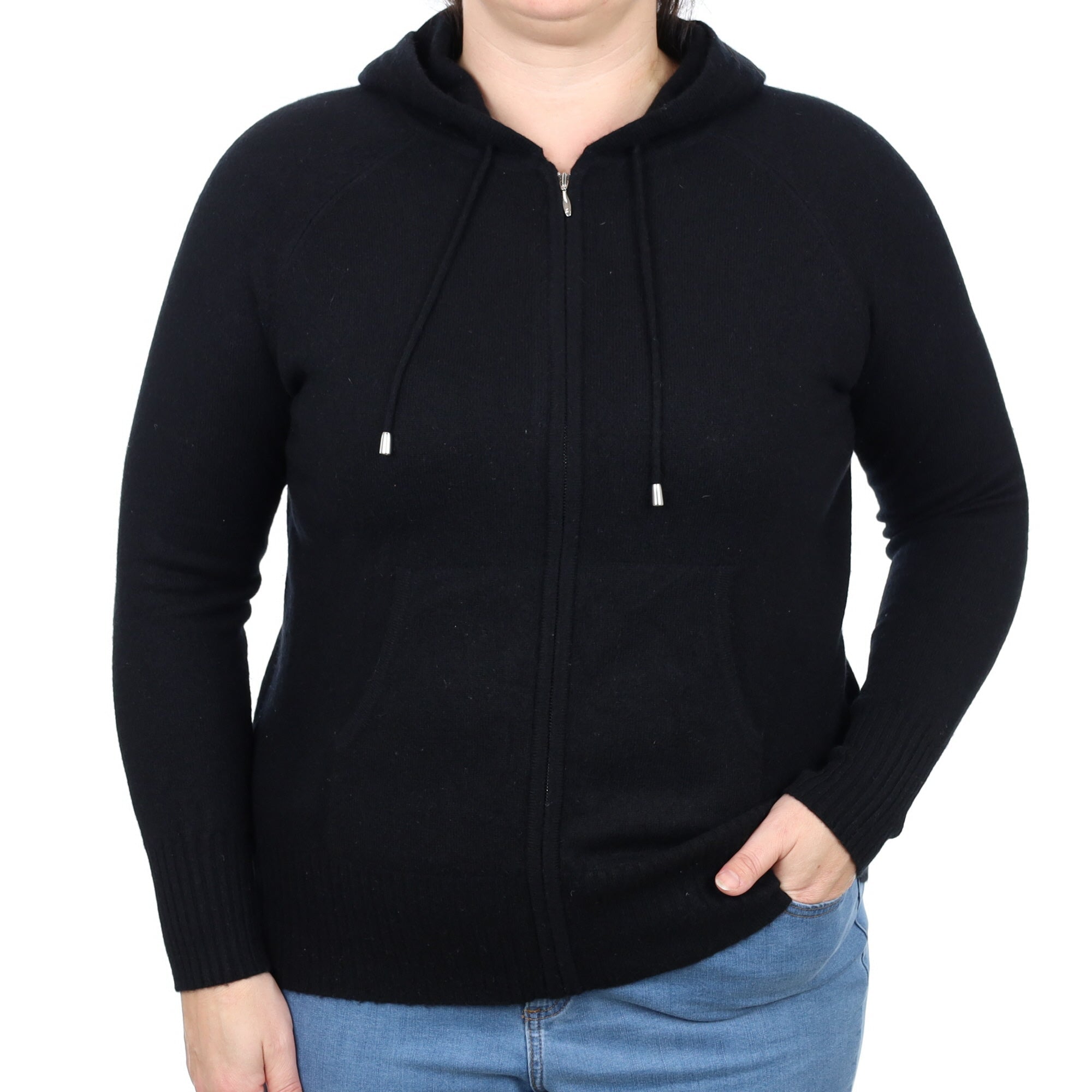 Black Cashmere Zip Up Hoodie with Pockets Large