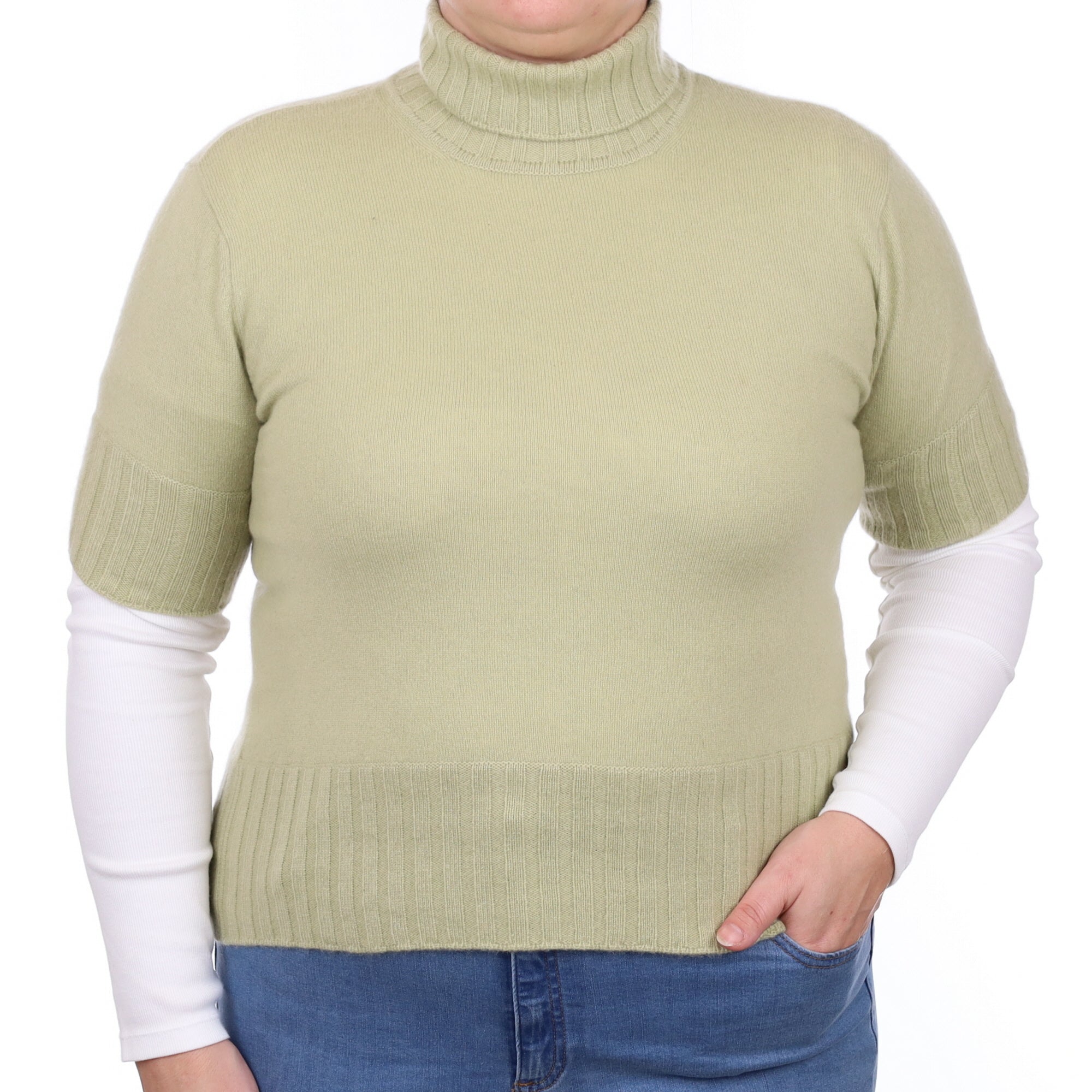 Chicory Green Cashmere Short Sleeved Polo Neck Jumper Large