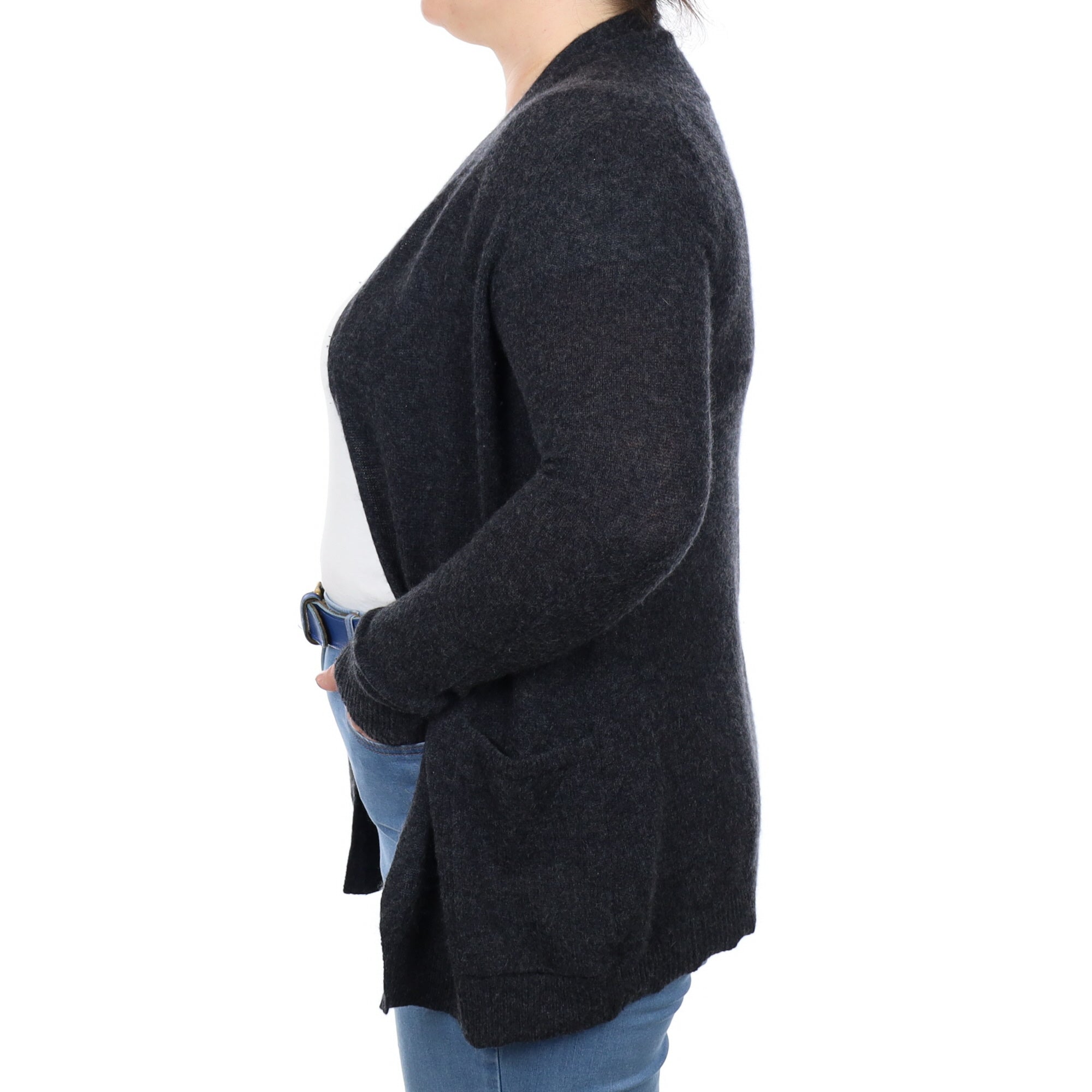 Charcoal Grey Cashmere Edge to Edge Cardigan with Pockets Large