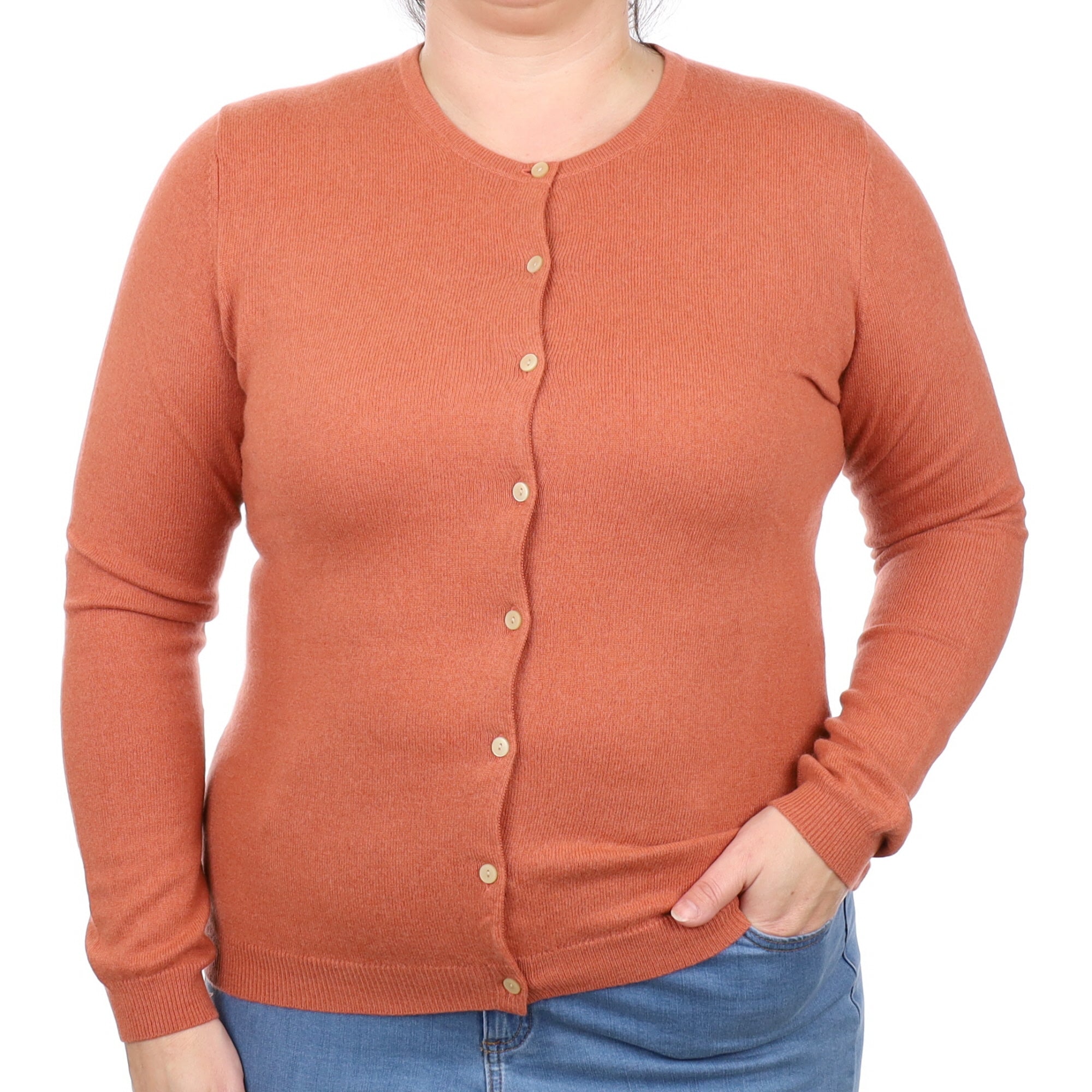 Terracotta Orange Cashmere Crew Neck Cardigan Large