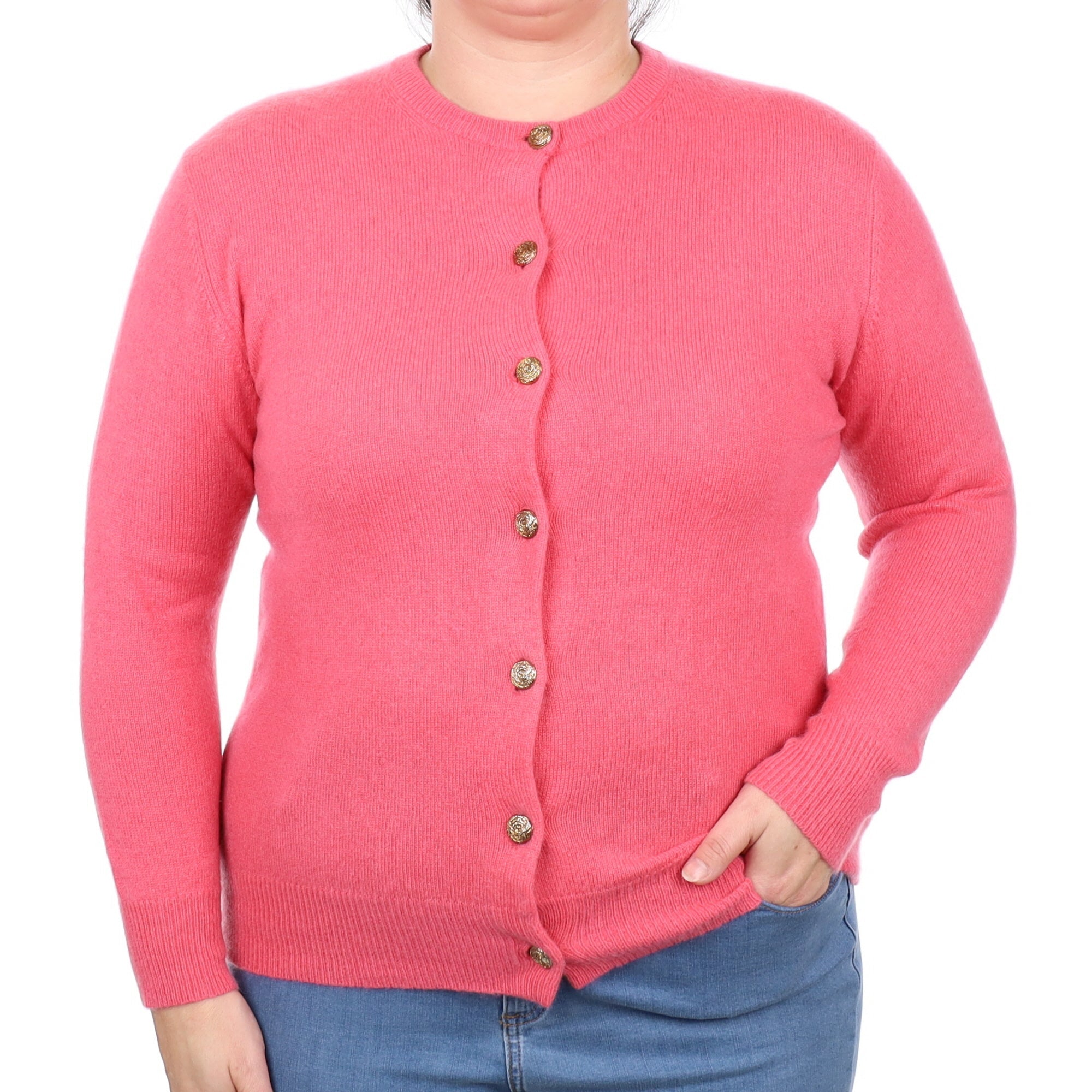 Rose Pink Cashmere Crew Neck Cardigan Large