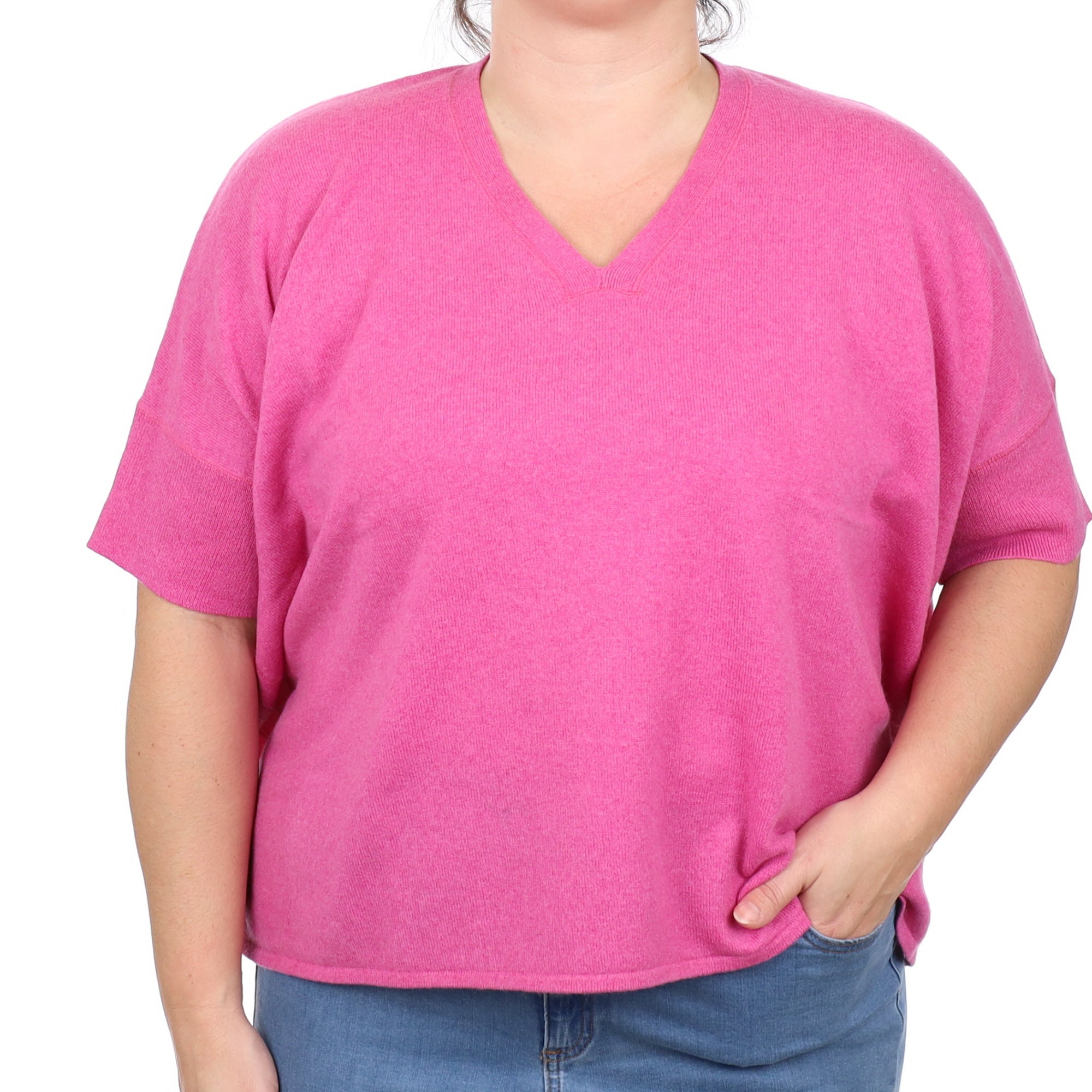 Fuchsia Pink Cashmere Slouchy Short Sleeve V Neck Jumper Large