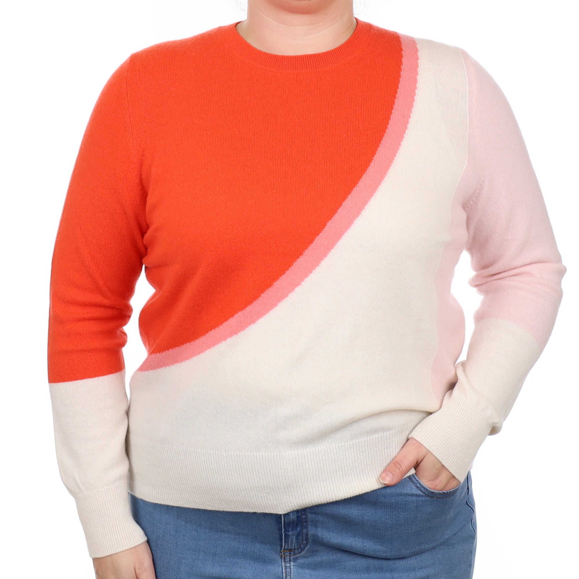 Vibrant Orange and Cream Cashmere Crew Neck Jumper Large