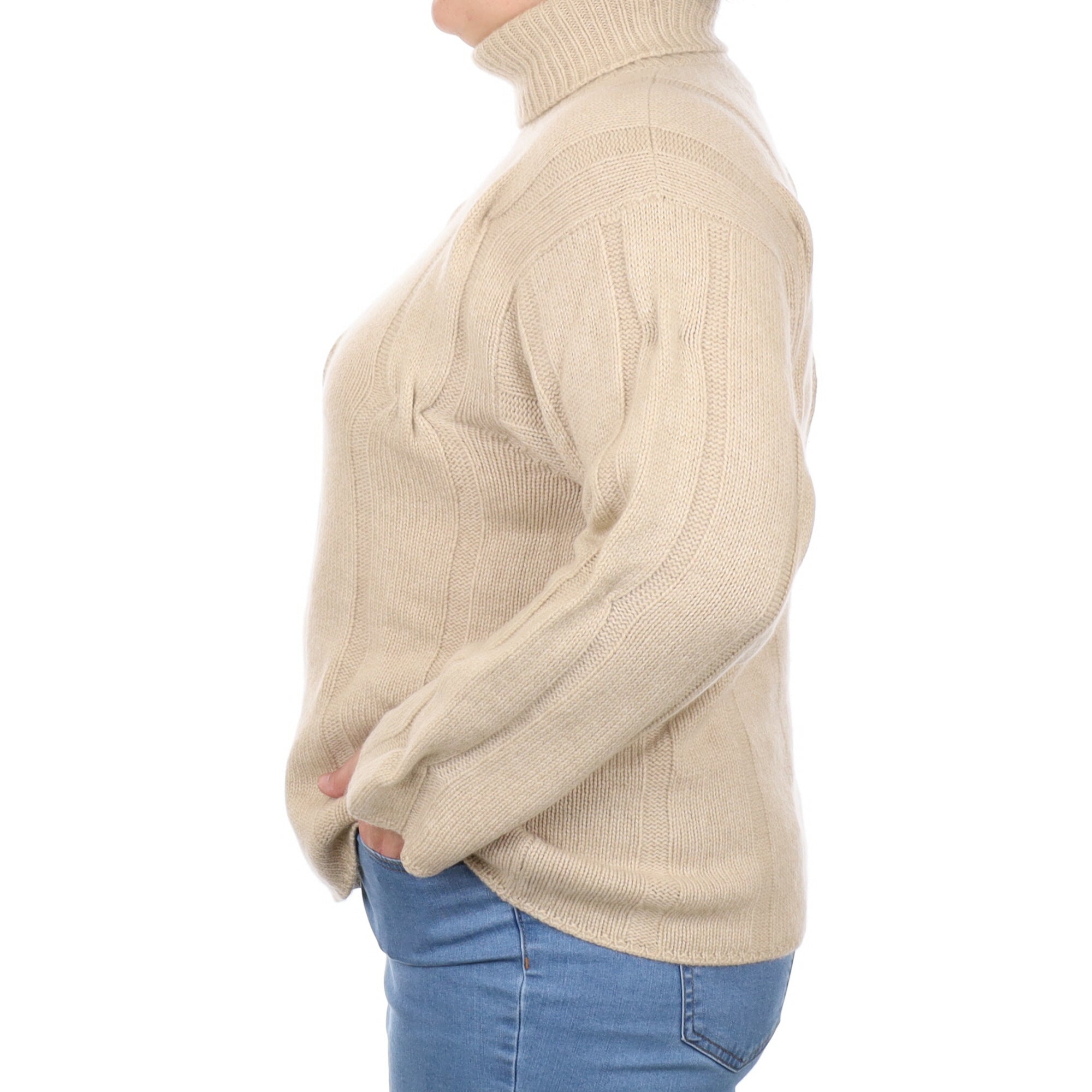 Fawn Chunky Cable Cashmere Polo Neck Jumper Large