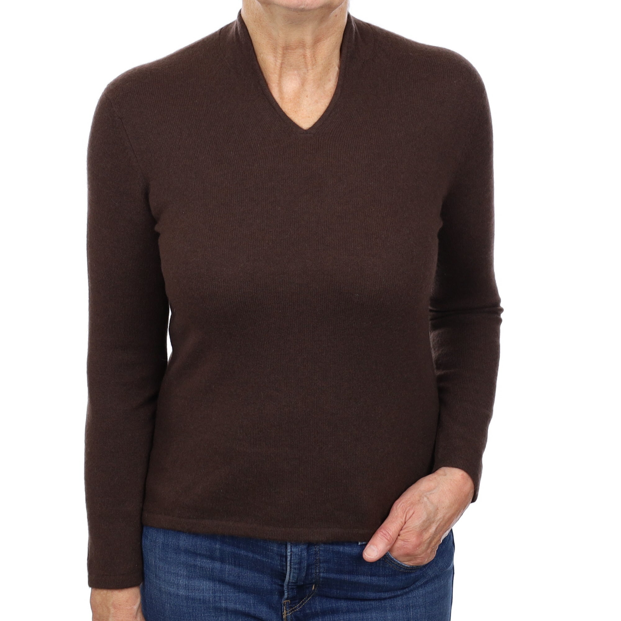 Chocolate Brown Cashmere Mandarin Neck Jumper Medium