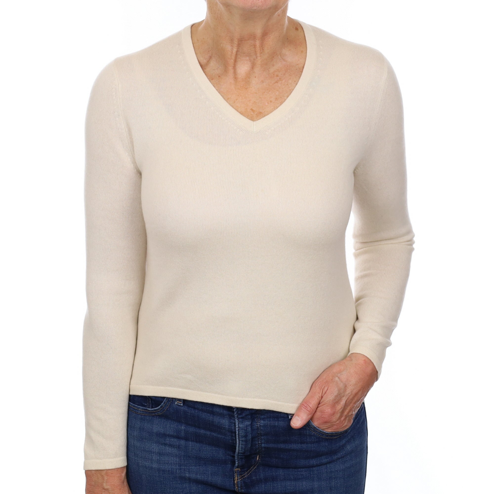 Vanilla Cream Cashmere V Neck Jumper Medium