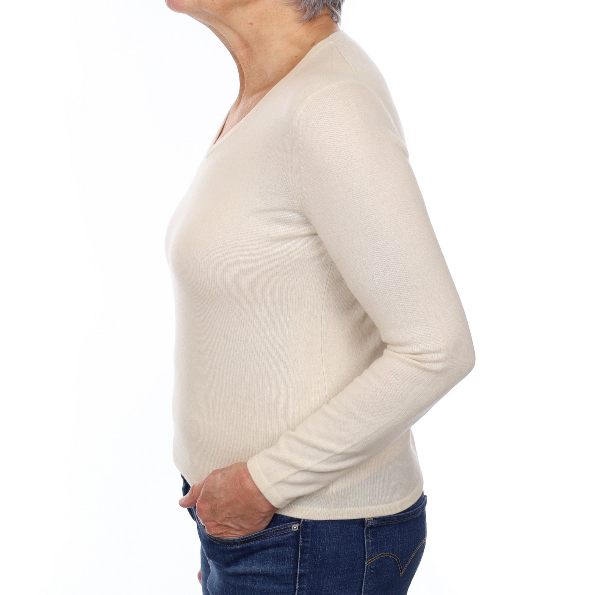 Vanilla Cream Cashmere V Neck Jumper Medium
