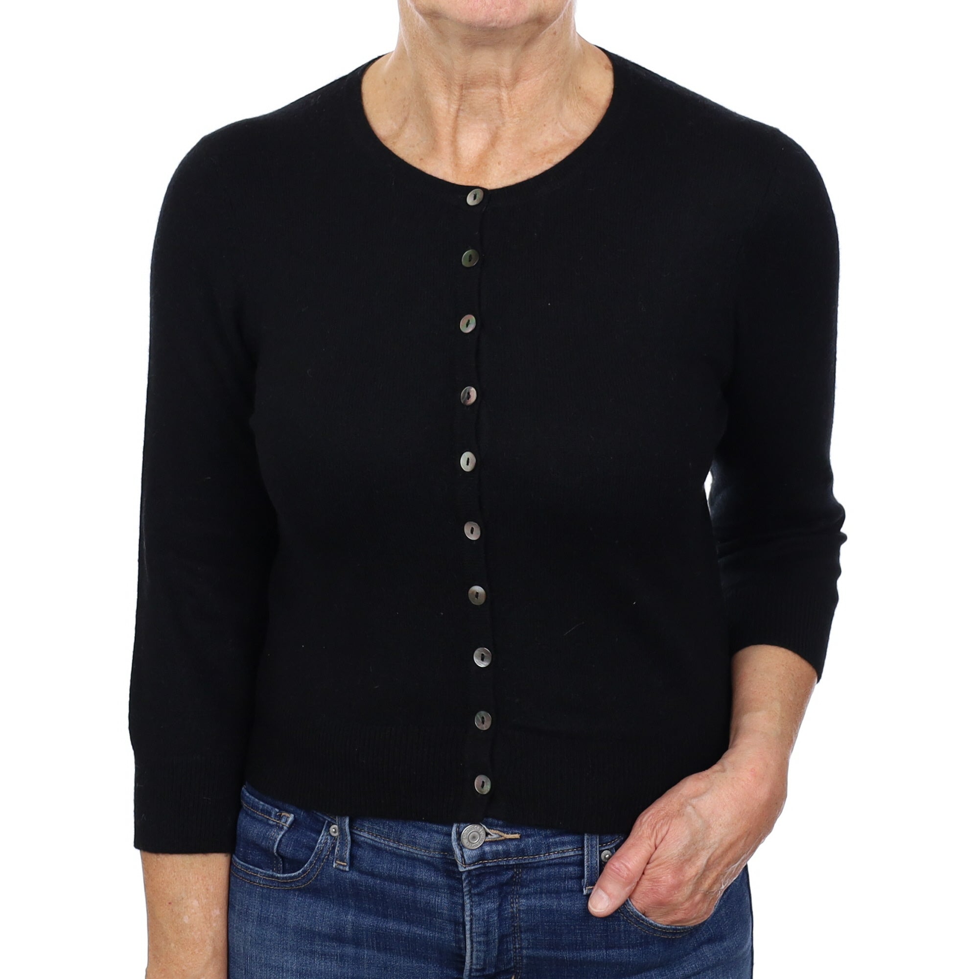Black Cashmere 3/4 Sleeve Cropped Cardigan Medium