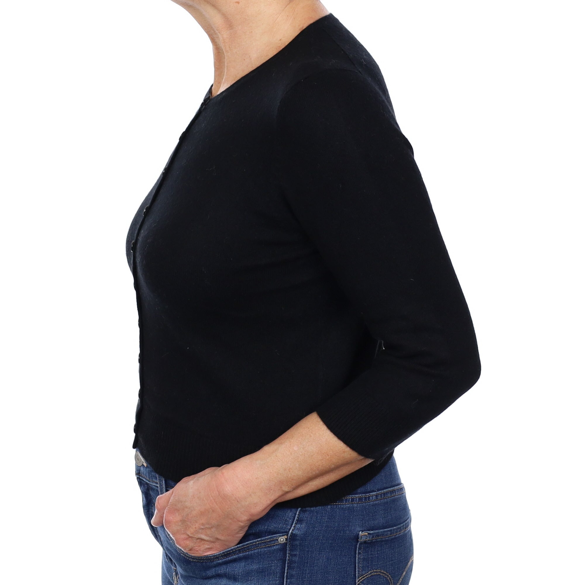 Black Cashmere 3/4 Sleeve Cropped Cardigan Medium