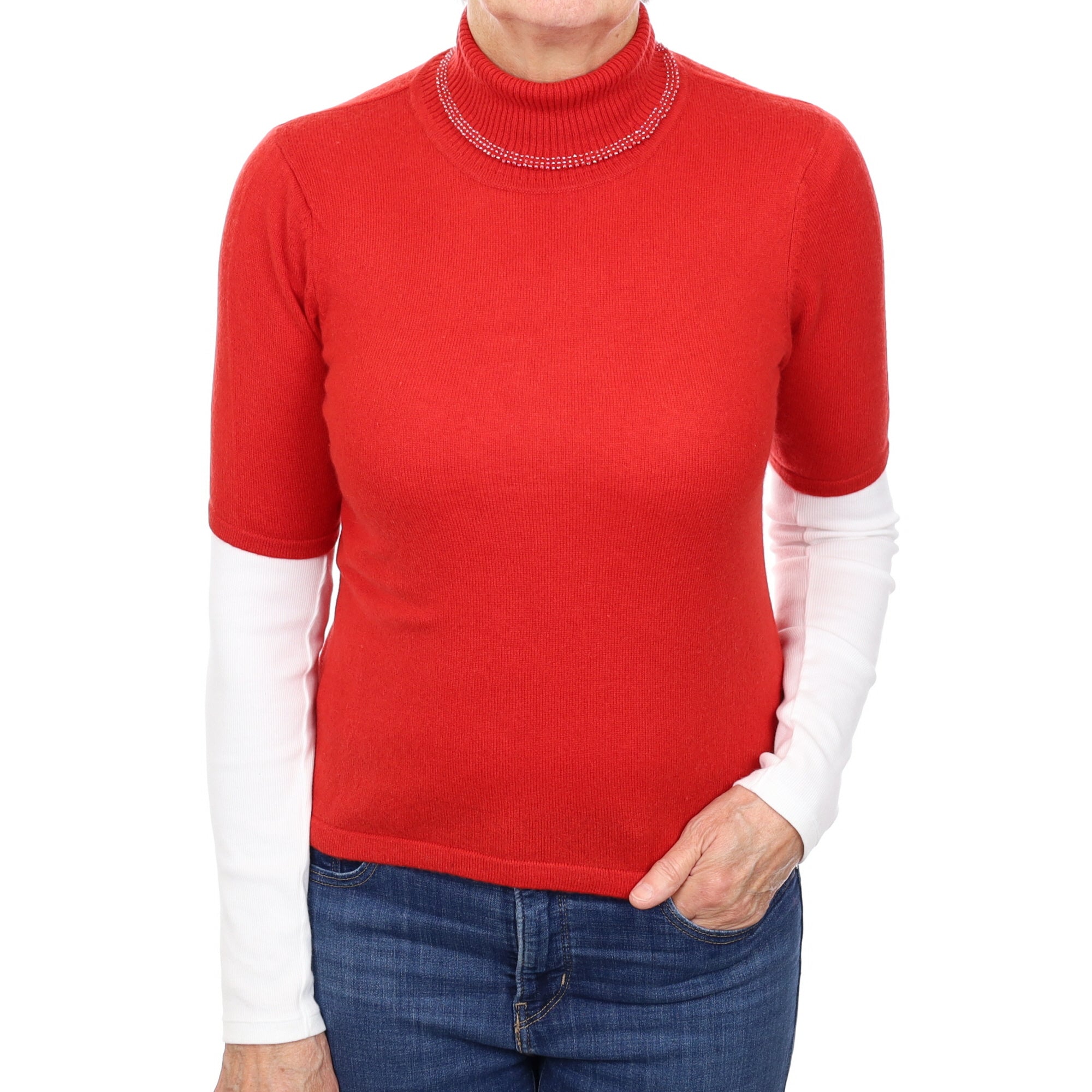 Spanish Red Cashmere Short Sleeved Beaded Polo Neck Jumper Medium