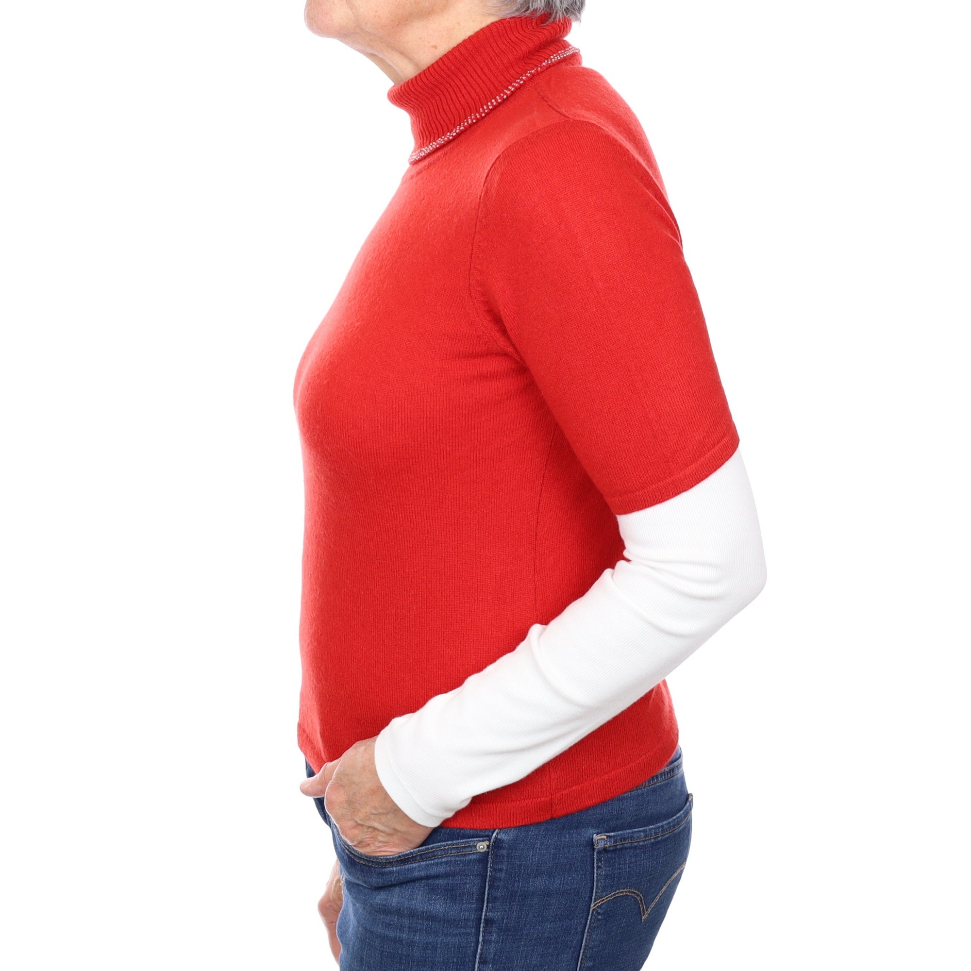 Spanish Red Cashmere Short Sleeved Beaded Polo Neck Jumper Medium