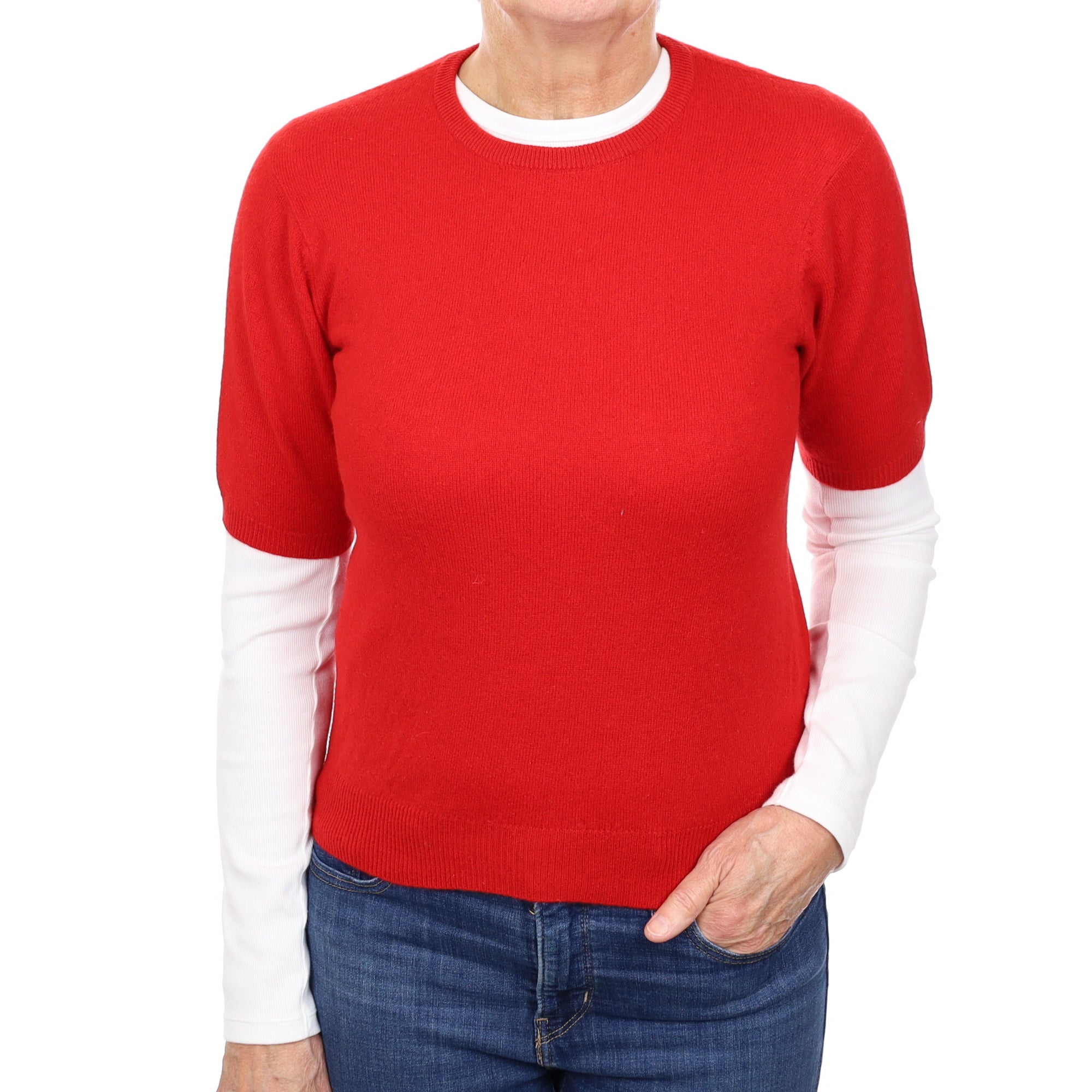 Scarlett Red Cashmere Short Sleeved Crew Neck Jumper Medium