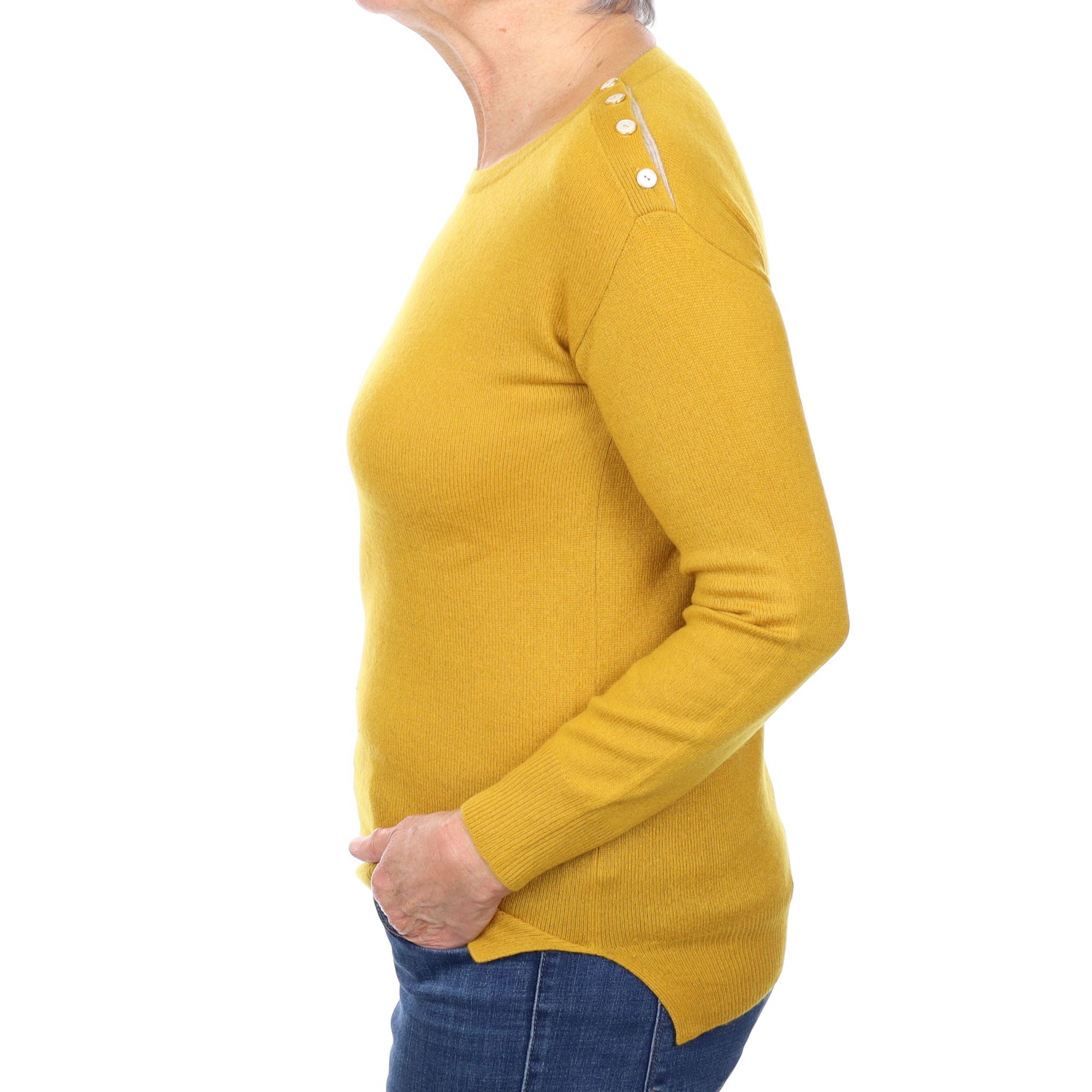 Mustard Yellow Cashmere Buttoned Crew Neck Jumper Medium