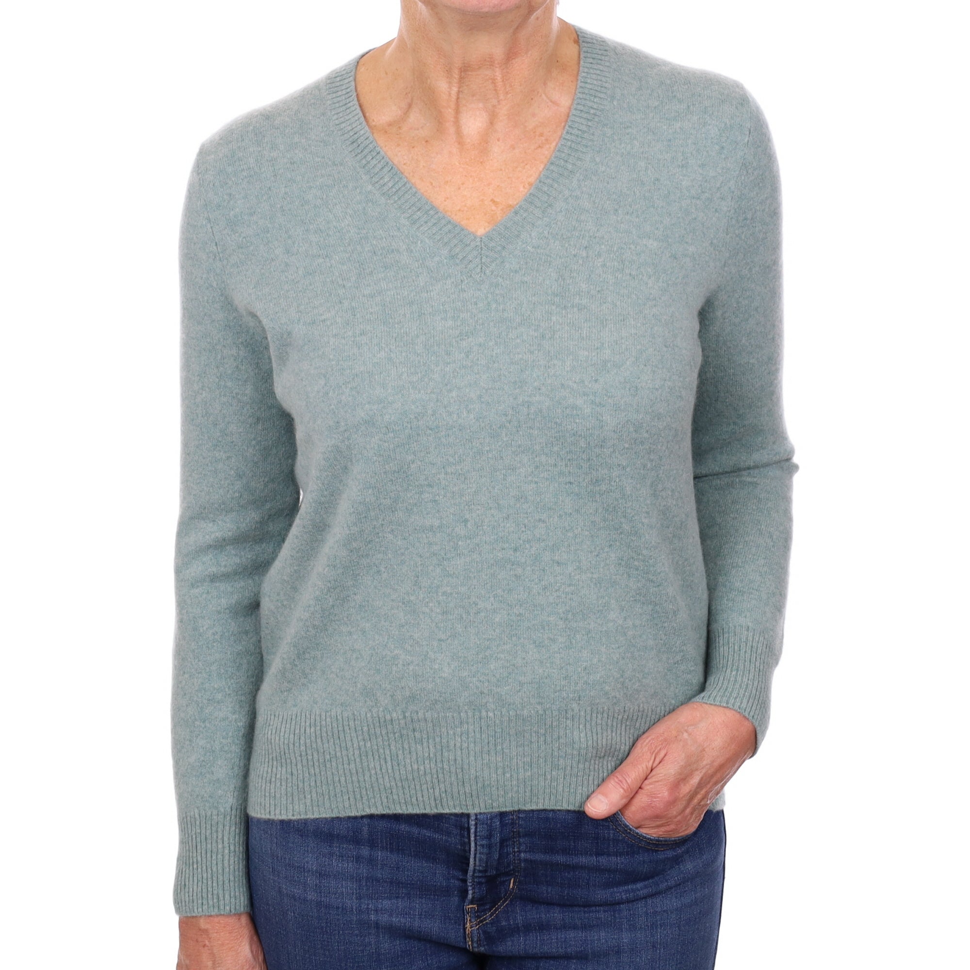 Everglade Green Cashmere V Neck Jumper Medium