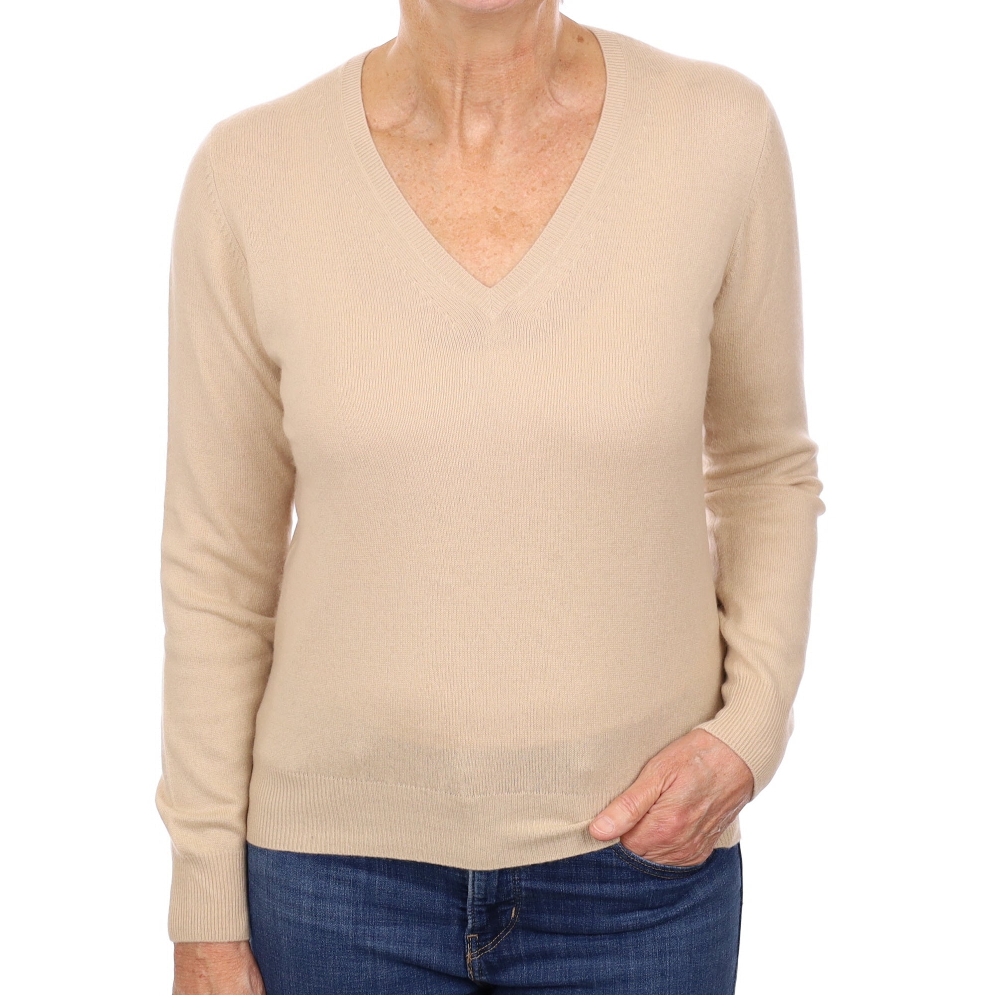 Beige Cashmere V Neck Jumper Medium