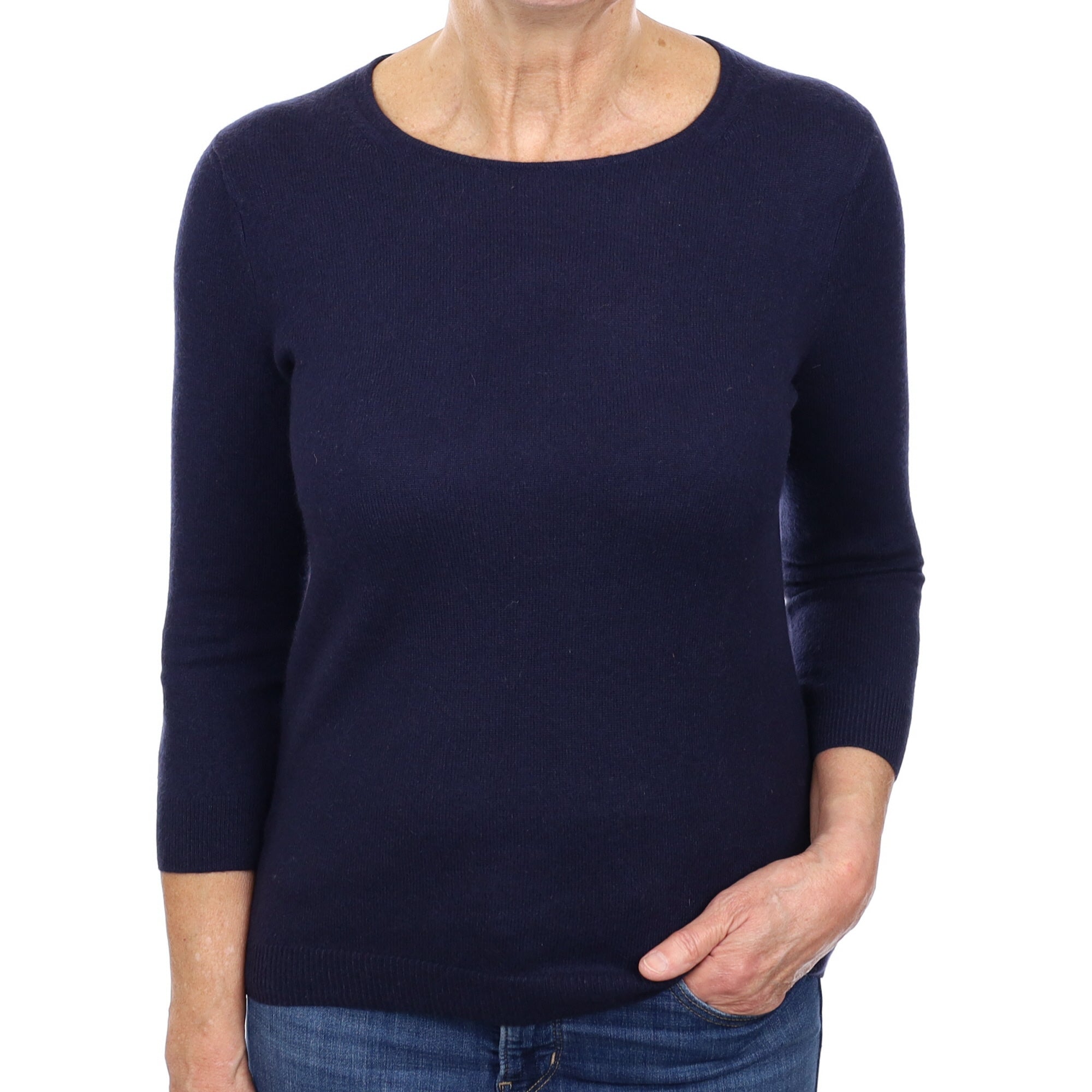 Navy Blue Cashmere 3/4 Sleeve Crew Neck Jumper Medium