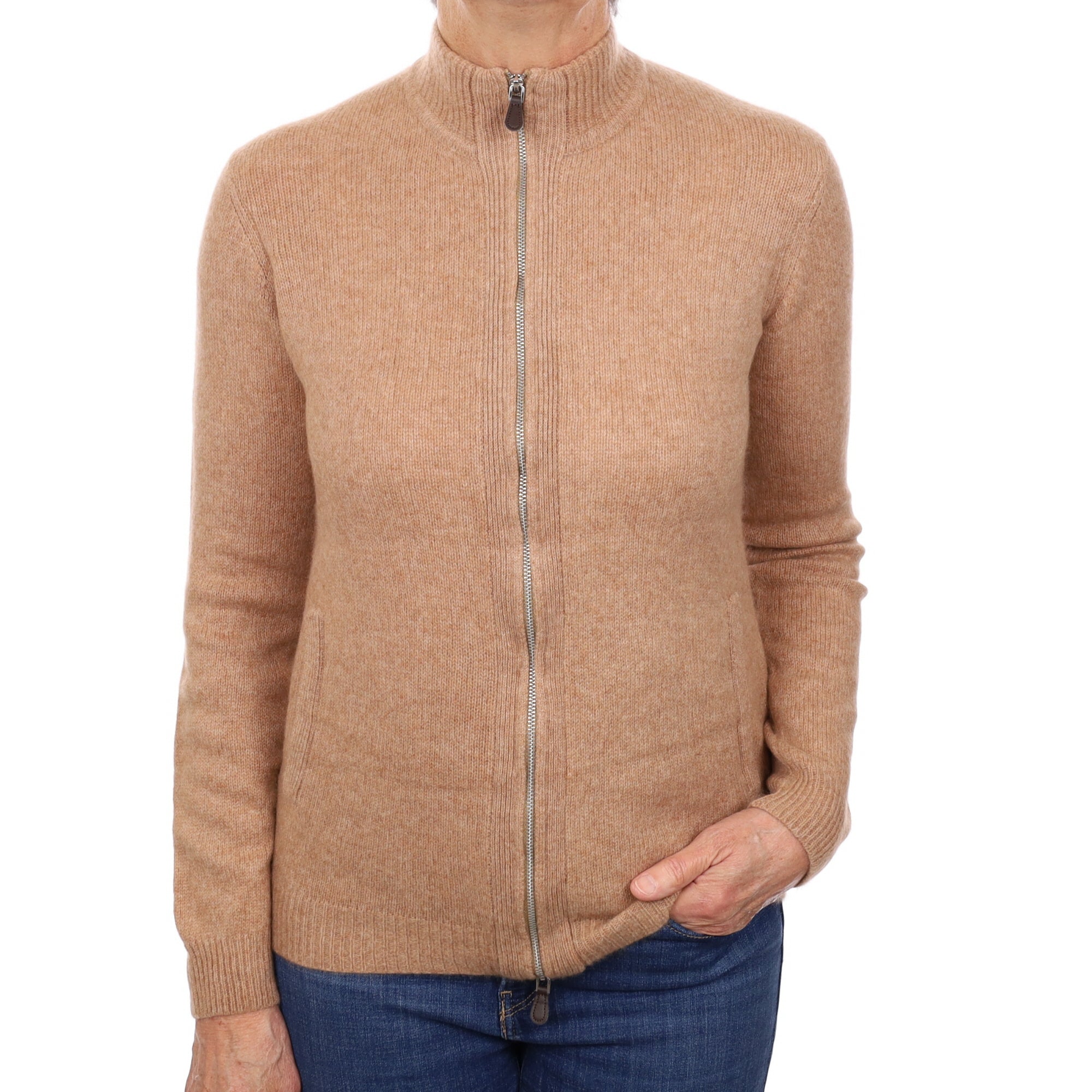 Caramel Chunky Cashmere Zip Up Cardigan with Pockets Medium