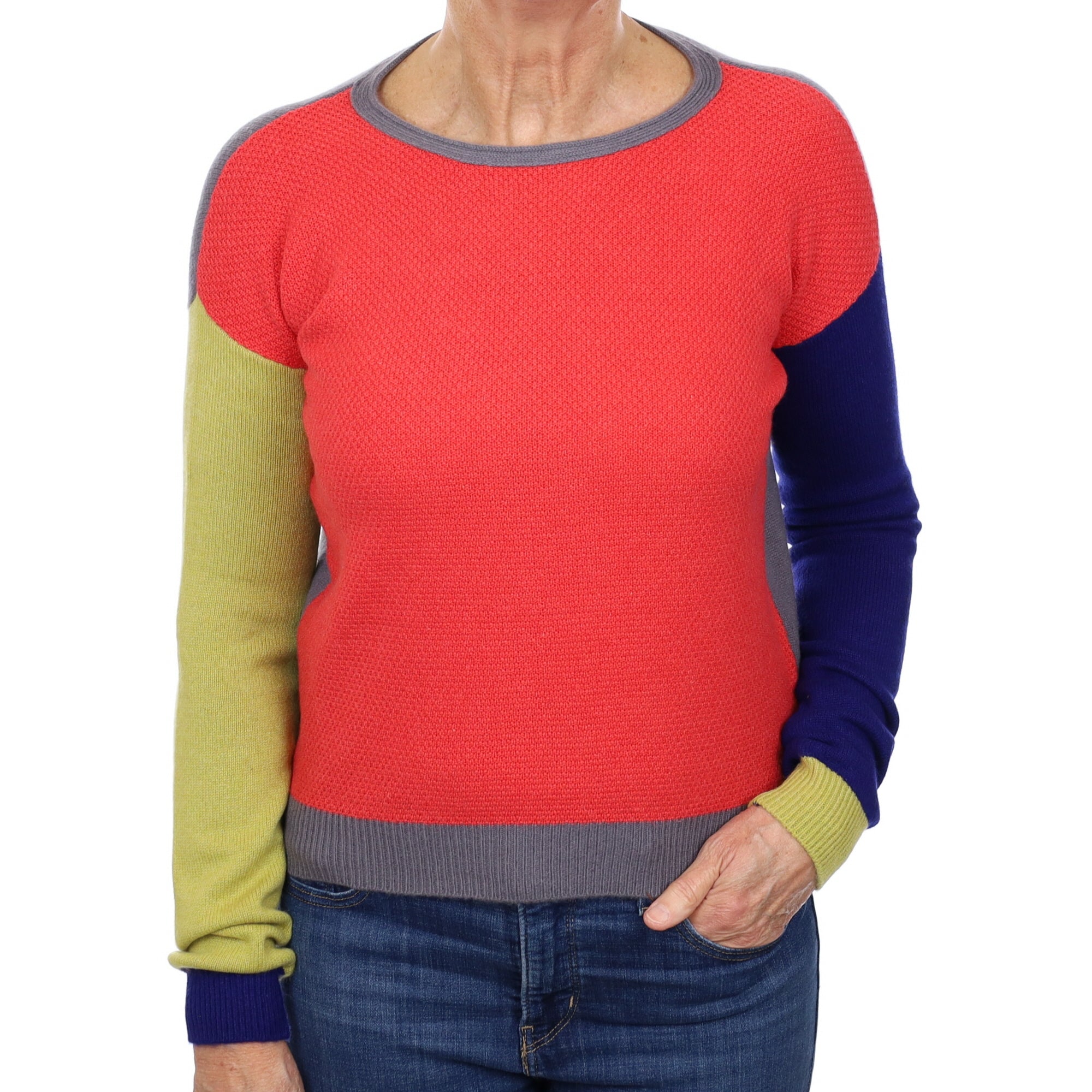 Italian Orange Colour Block Cashmere Crew Neck Jumper Medium