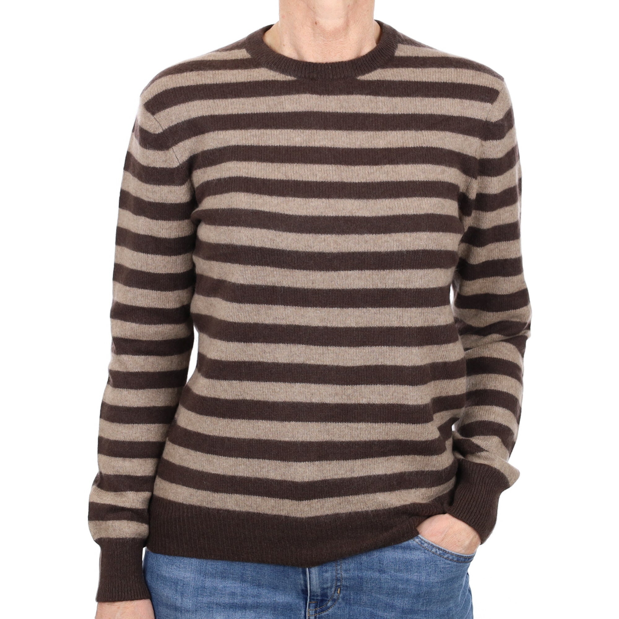 Chocolate and Taupe Stripe Cashmere Crew Neck Jumper Small