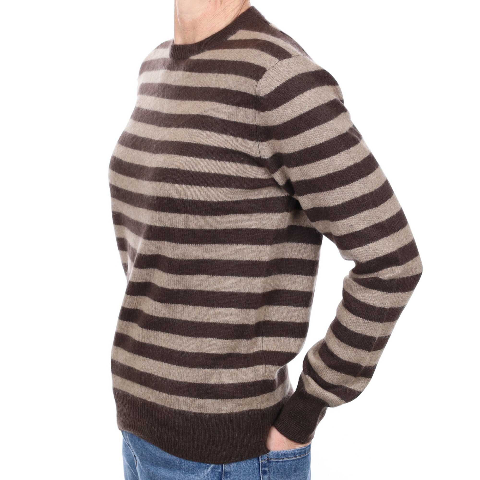 Chocolate and Taupe Stripe Cashmere Crew Neck Jumper Small