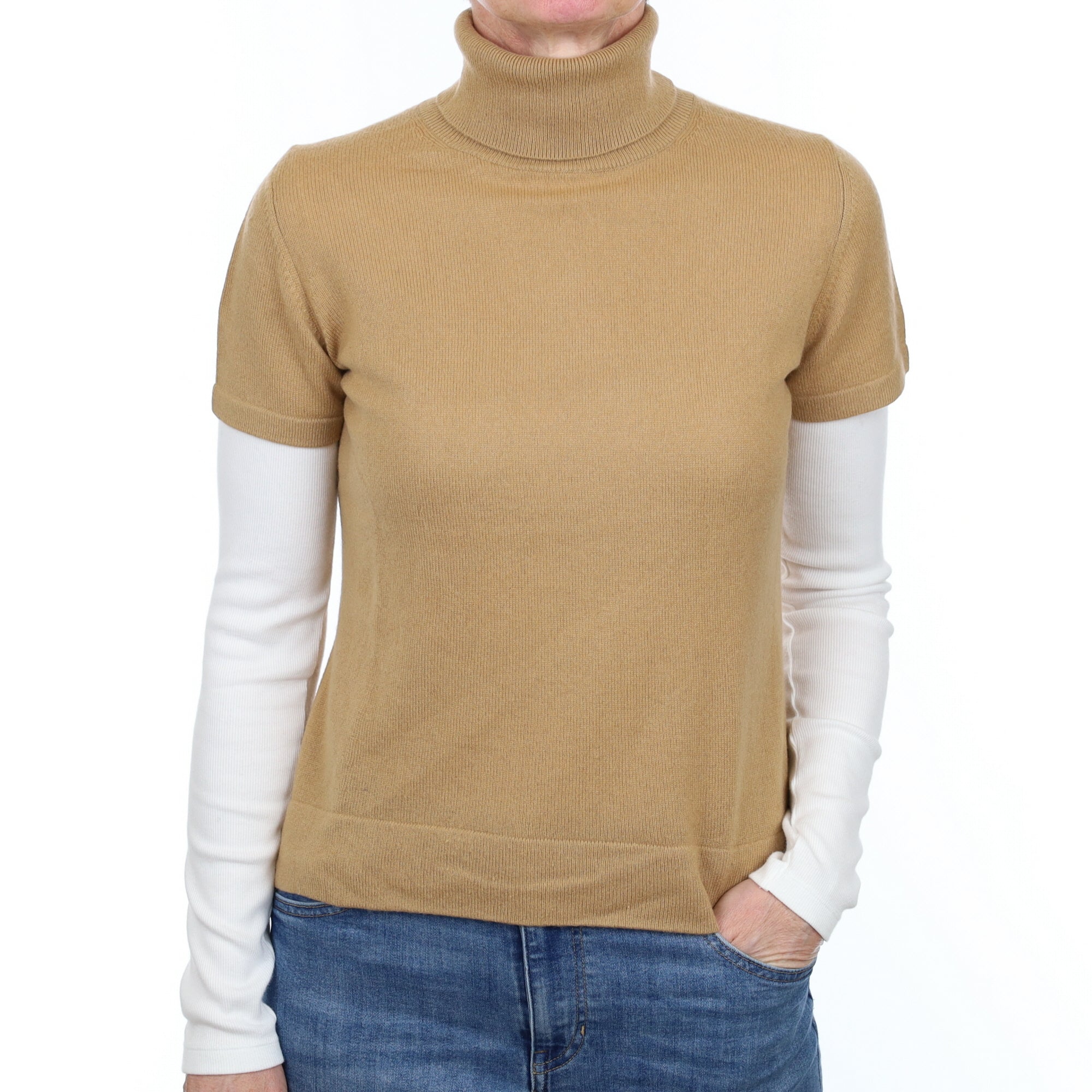 Toffee Brown Cashmere Short Sleeve Polo Neck Jumper Small