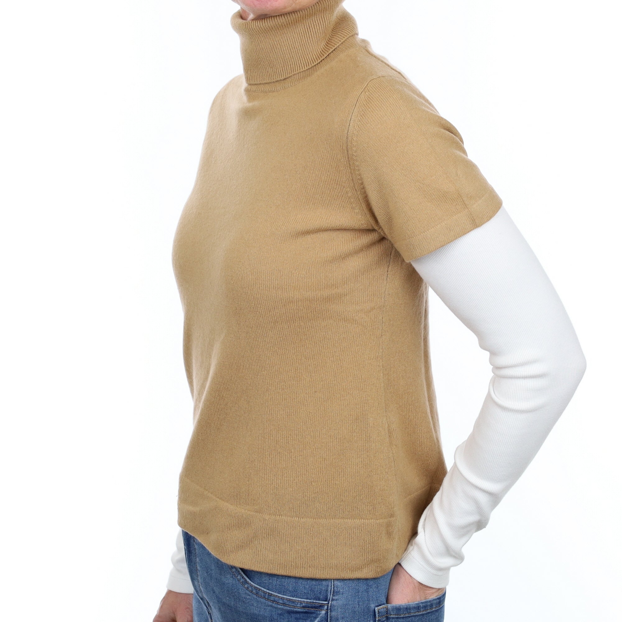 Toffee Brown Cashmere Short Sleeve Polo Neck Jumper Small