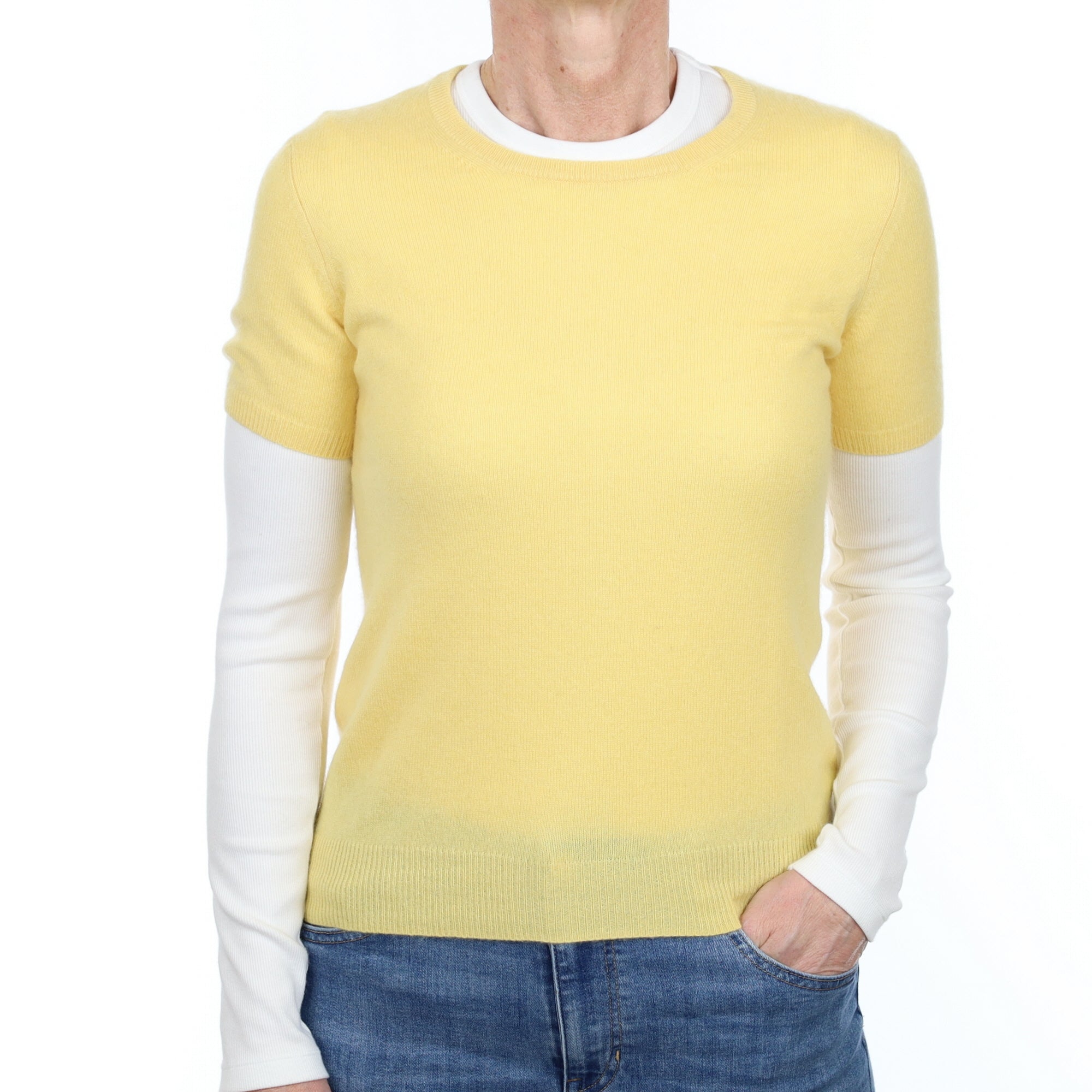 Primrose Yellow Cashmere Short Sleeve Crew Neck Jumper Small