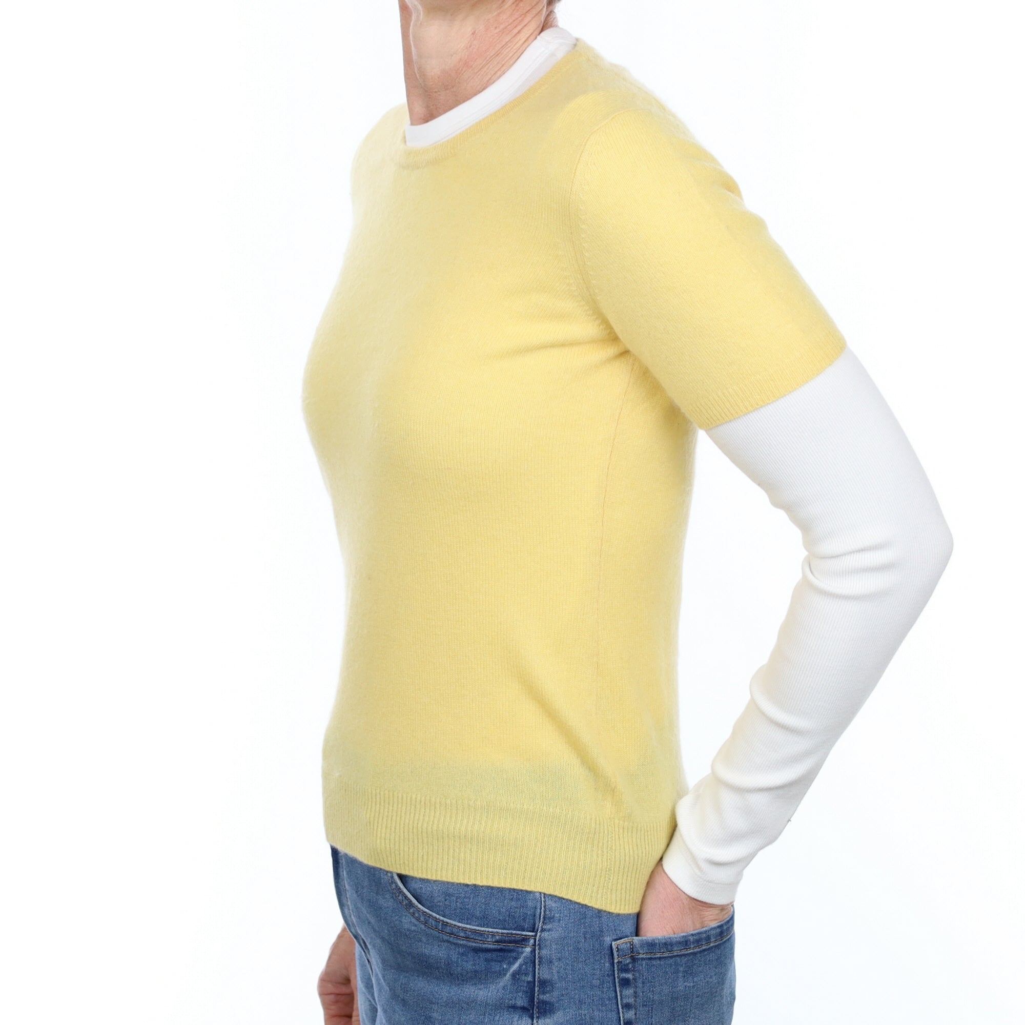 Primrose Yellow Cashmere Short Sleeve Crew Neck Jumper Small