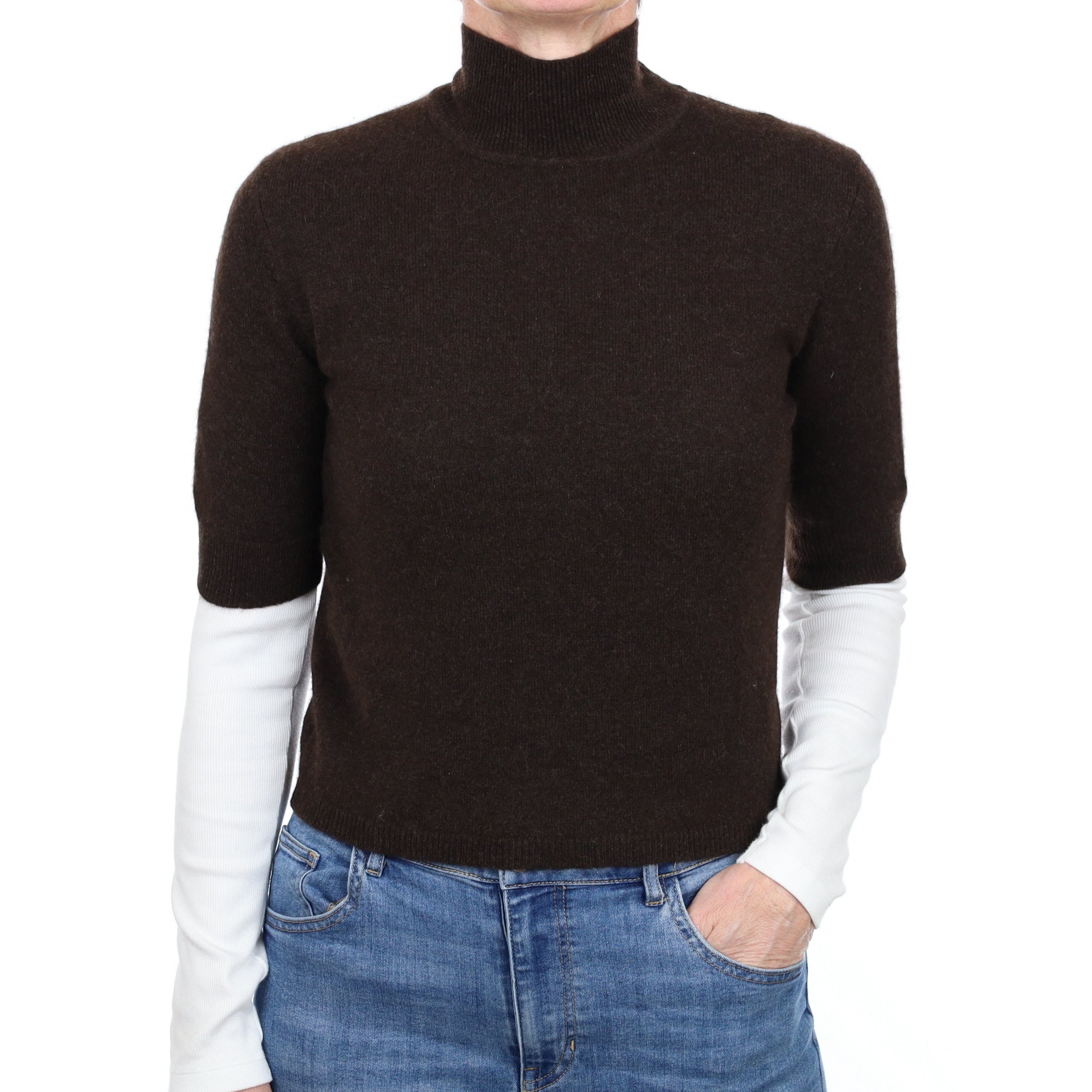 Peppercorn Brown Cashmere Short Sleeve Turtle Neck Jumper Small