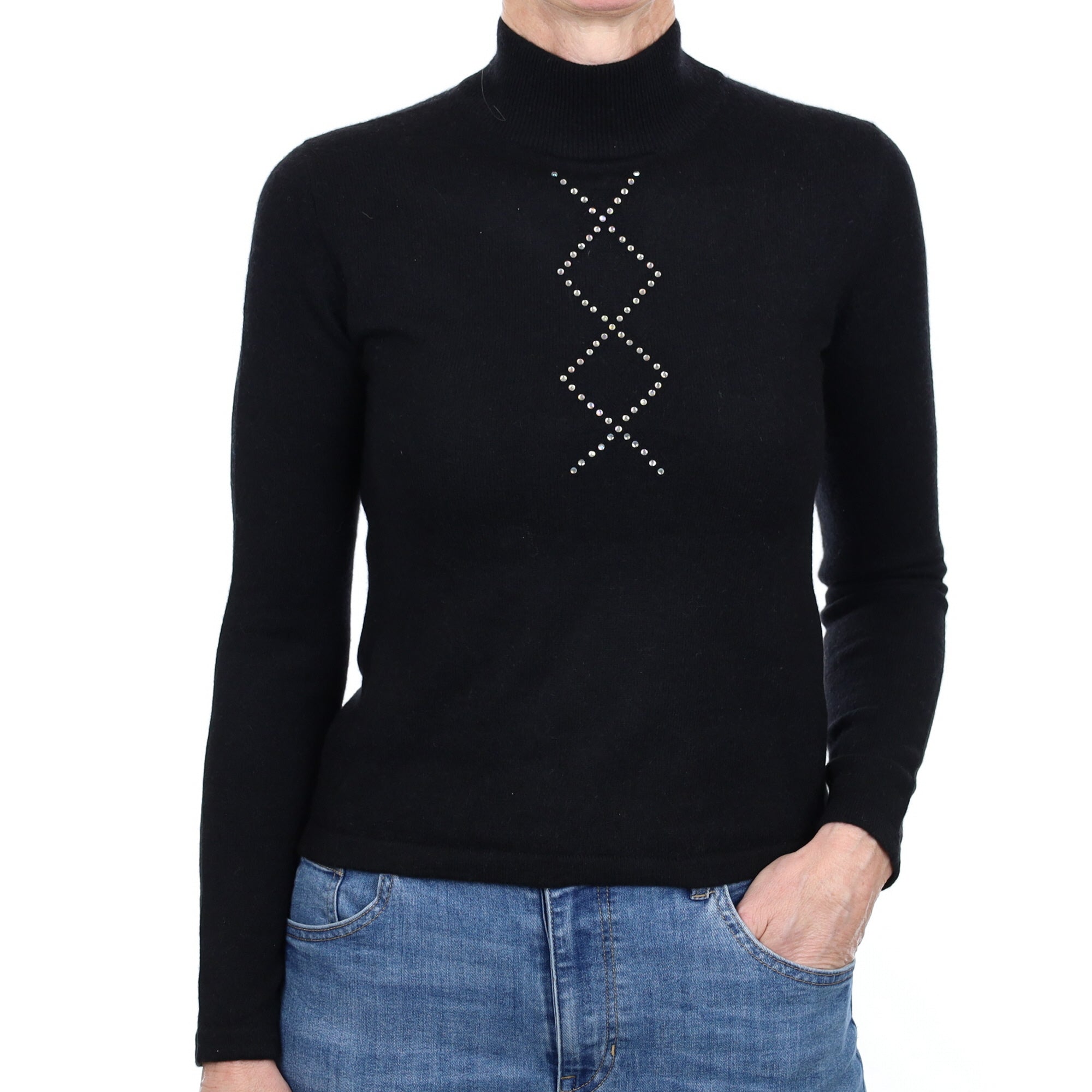 Black Diamanté Cashmere Turtle Neck Jumper Small