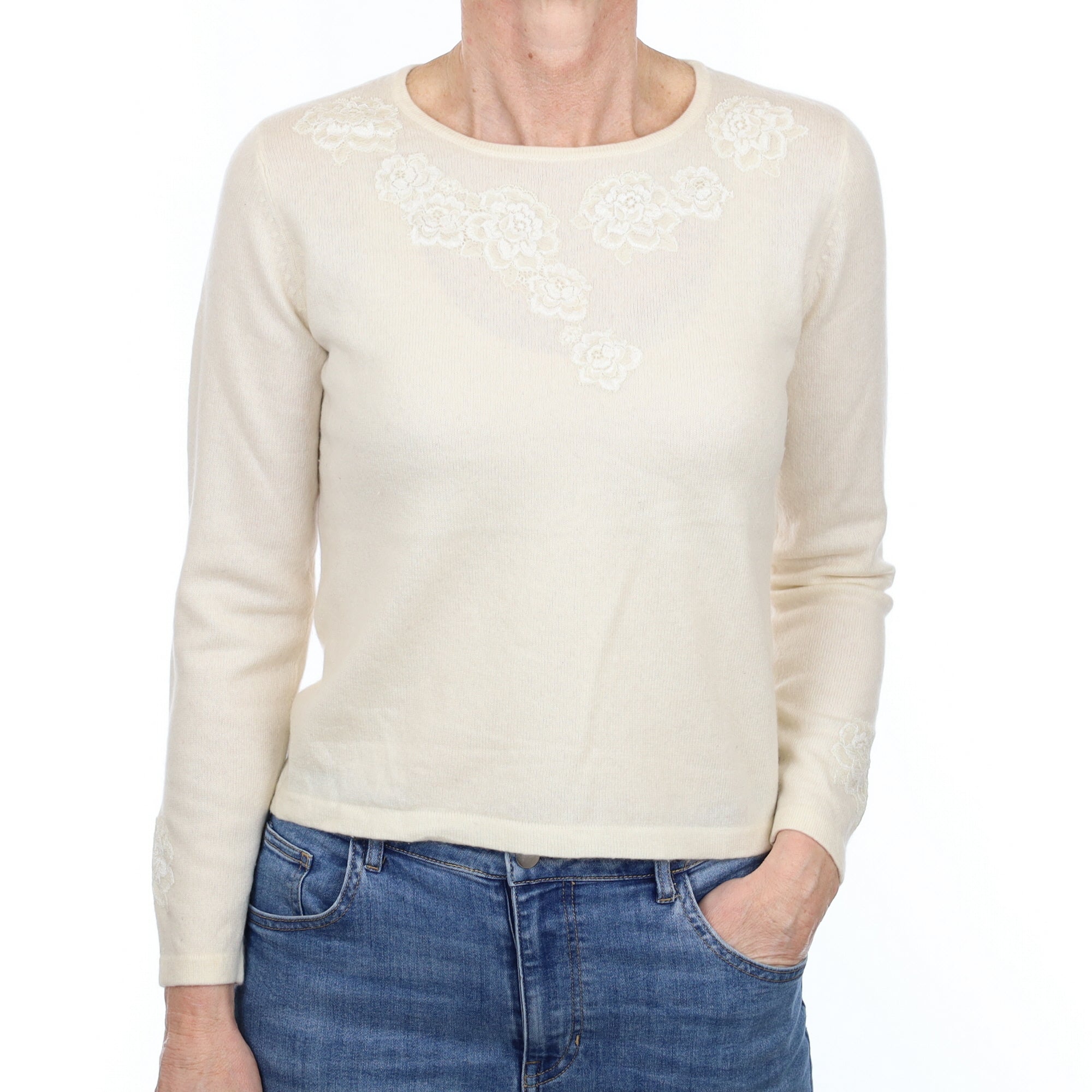 Cream Lace Trimmed Cashmere Crew Neck Jumper Small