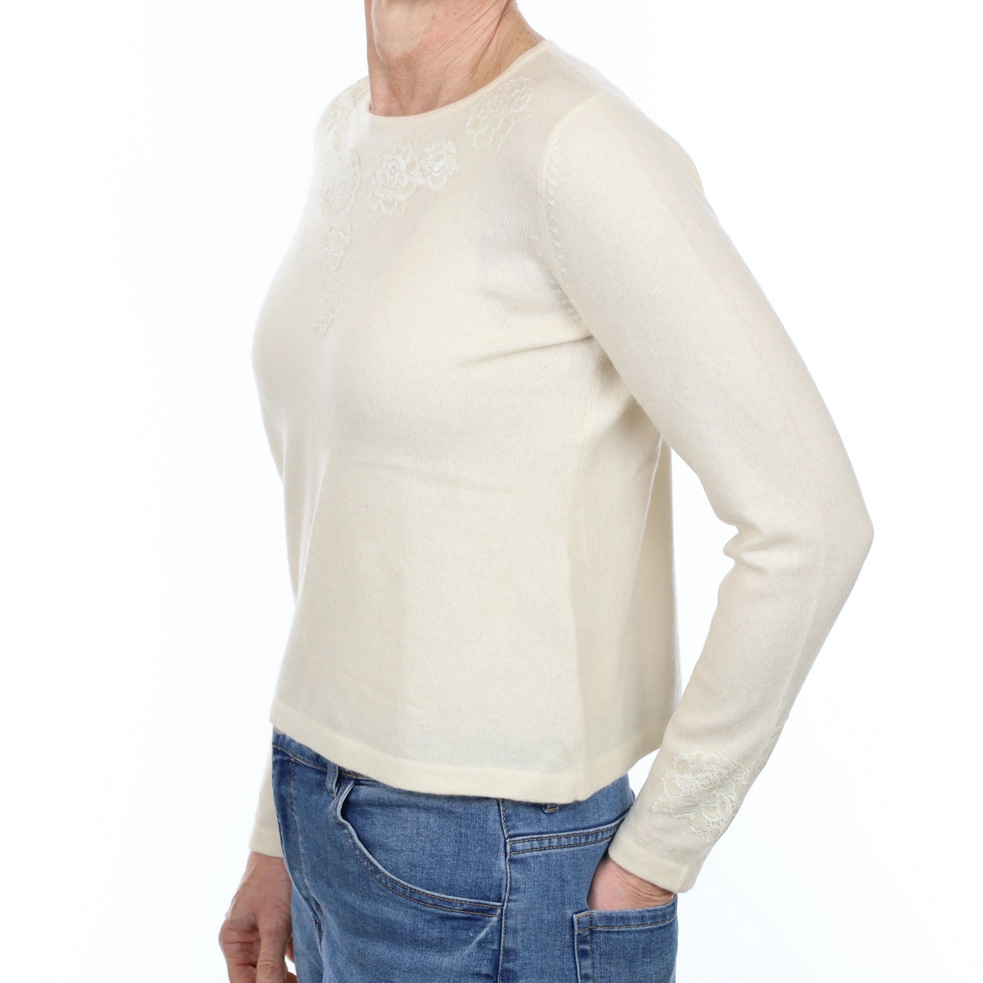 Cream Lace Trimmed Cashmere Crew Neck Jumper Small
