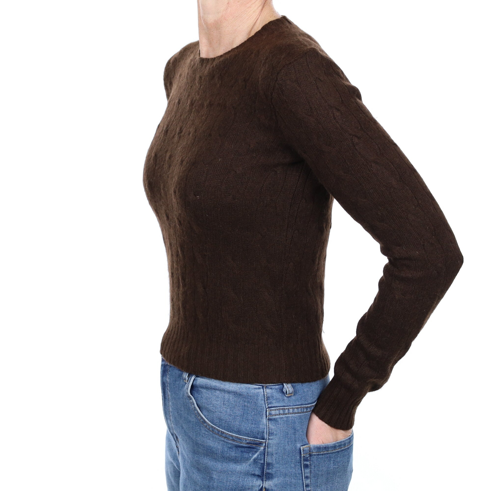 Ralph Lauren Chocolate Brown Cable Cashmere Crew Neck Jumper Small