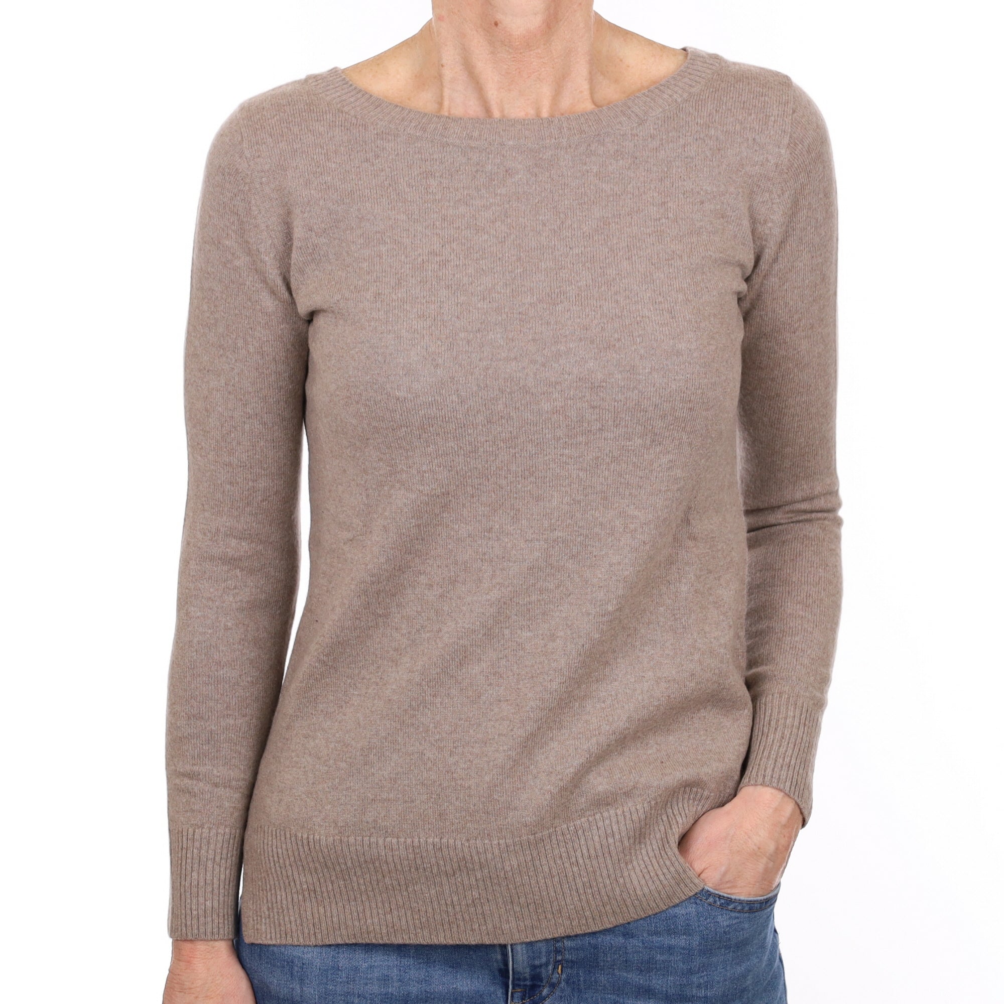 Mink Brown Cashmere Slash Crew Neck Jumper Small