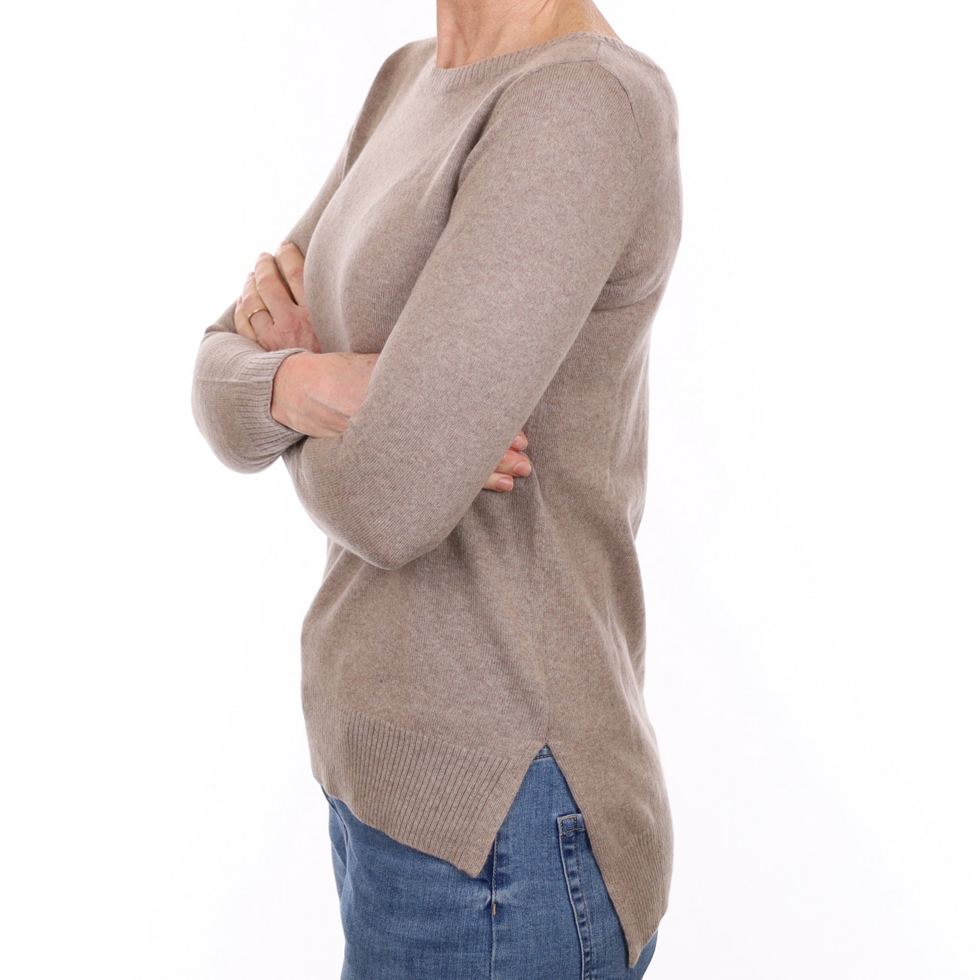 Mink Brown Cashmere Slash Crew Neck Jumper Small