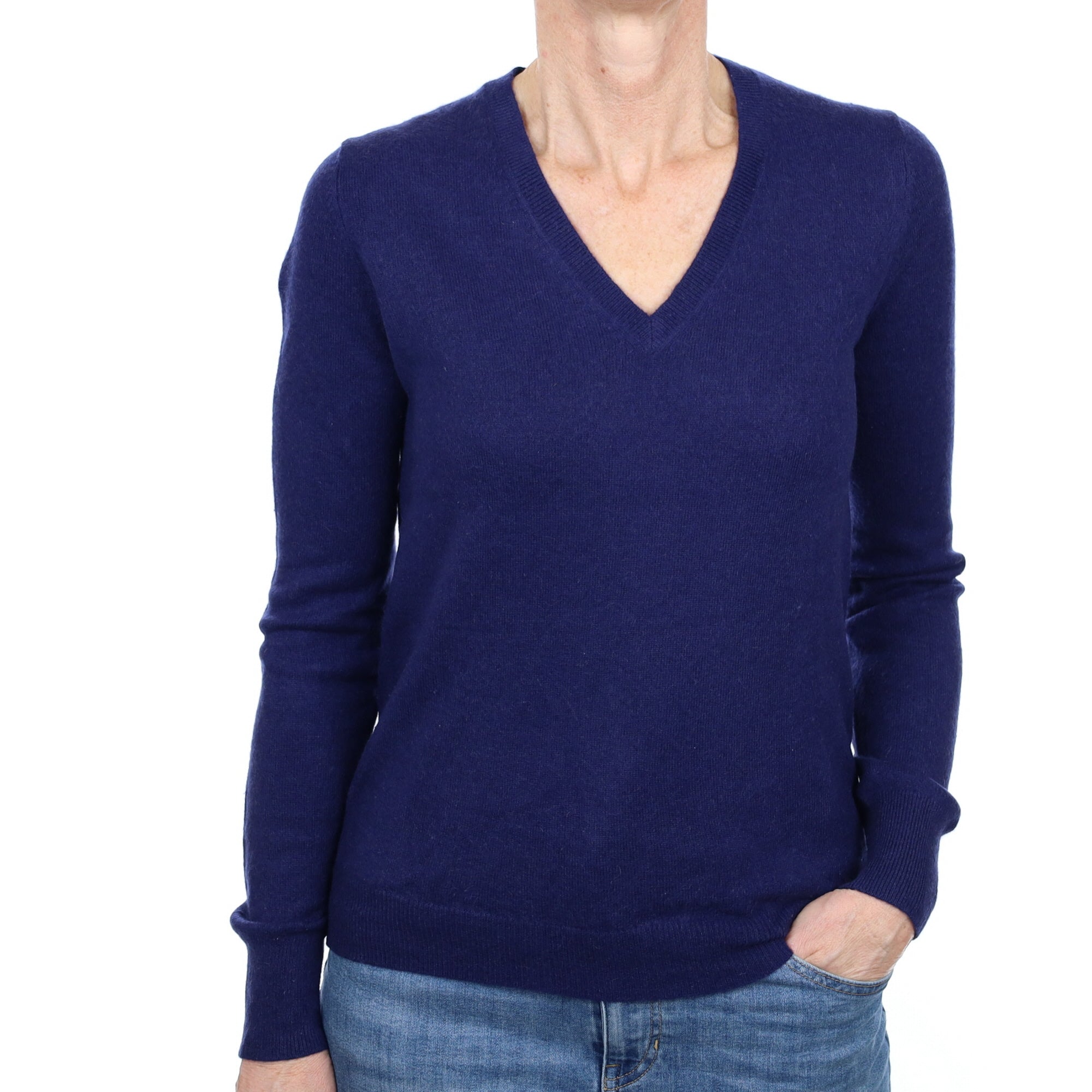 French Navy Cashmere V Neck Jumper Small