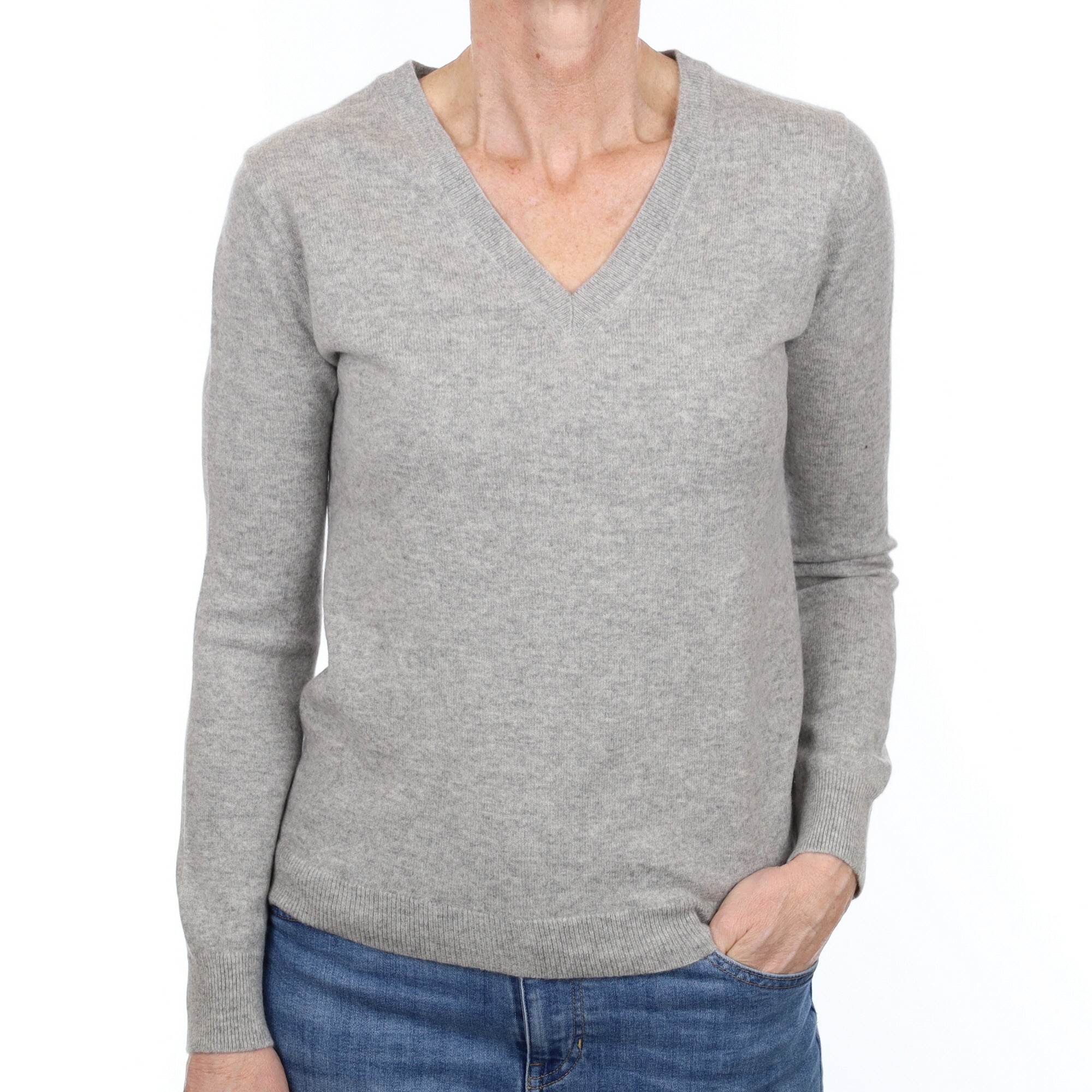 Smoke Grey Cashmere V Neck Jumper Small