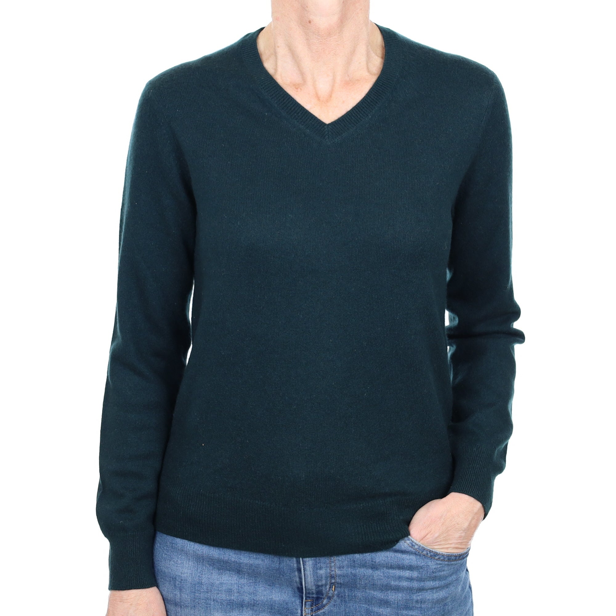 Bottle Green Cashmere V Neck Jumper Small