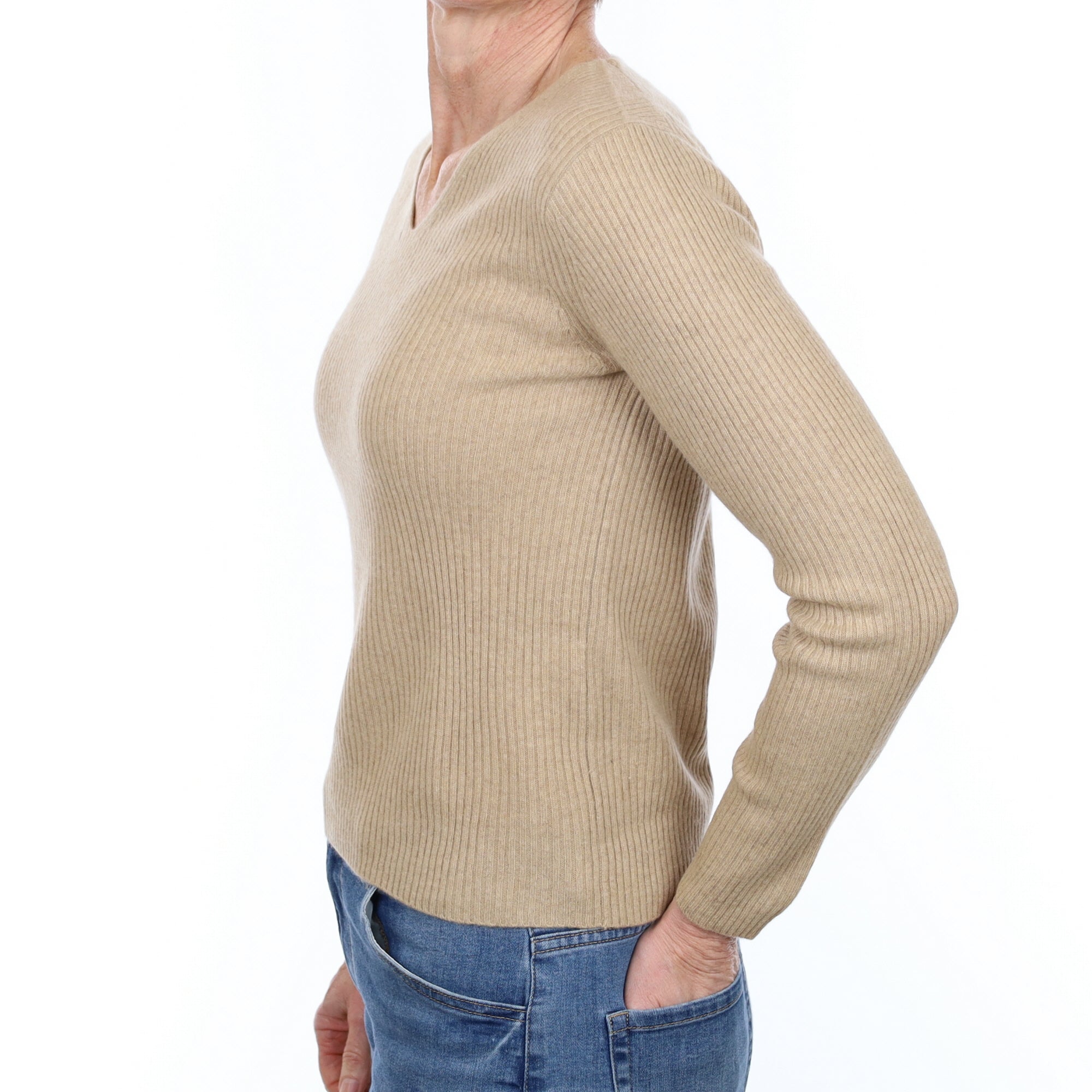 Sand Beige Rib Cashmere V Neck Jumper Small