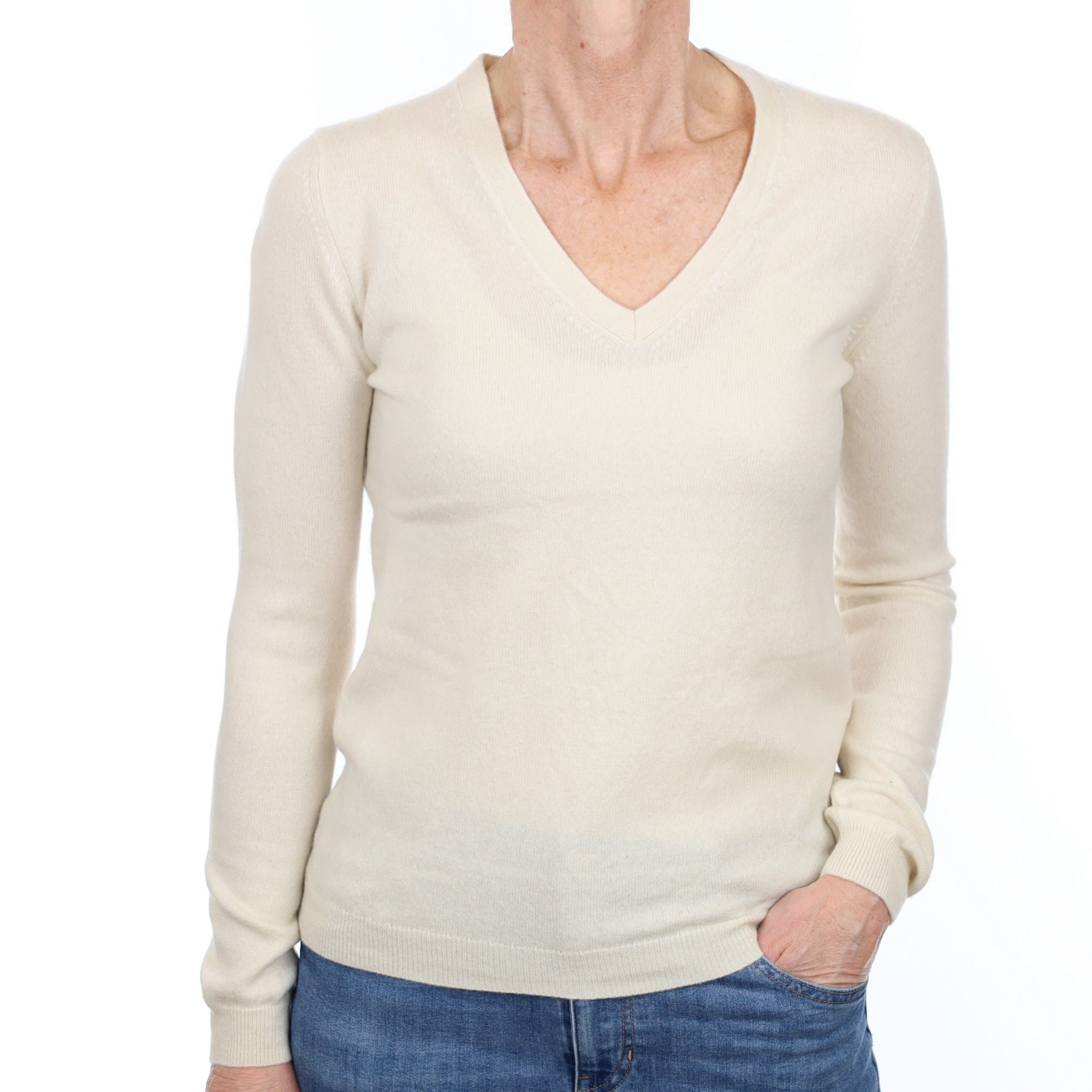 Vanilla Cream Cashmere V Neck Jumper Small