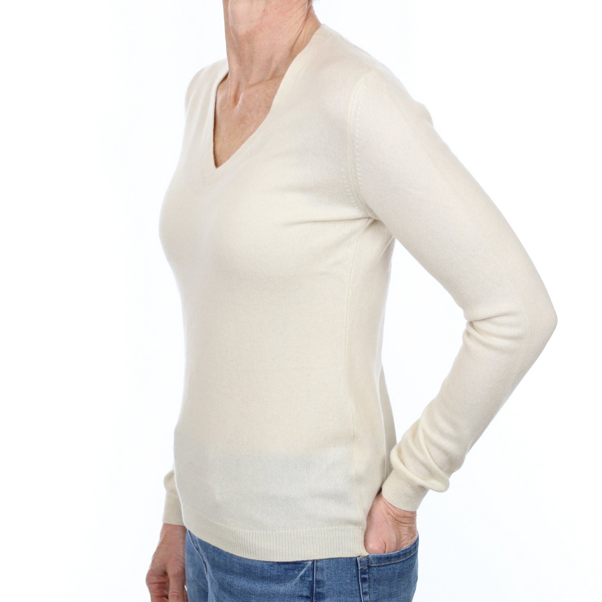 Vanilla Cream Cashmere V Neck Jumper Small