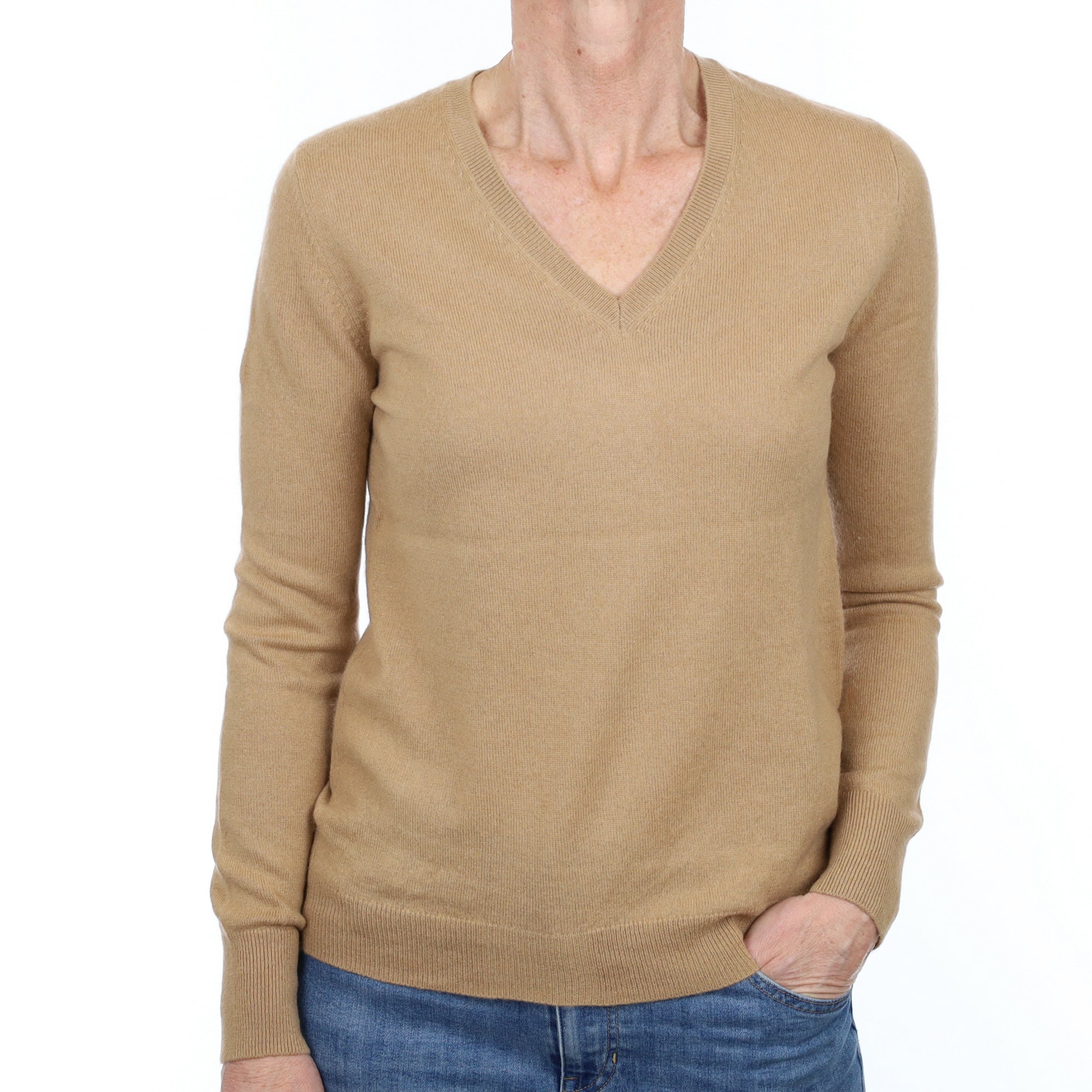 Camel Brown Cashmere V Neck Jumper Small