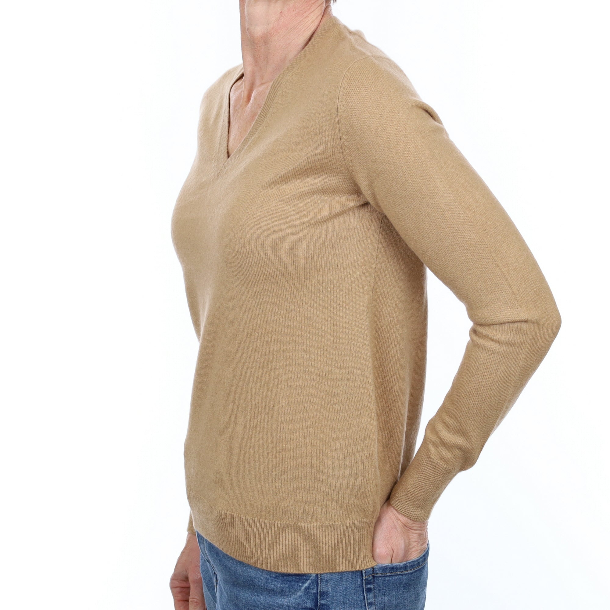 Camel Brown Cashmere V Neck Jumper Small