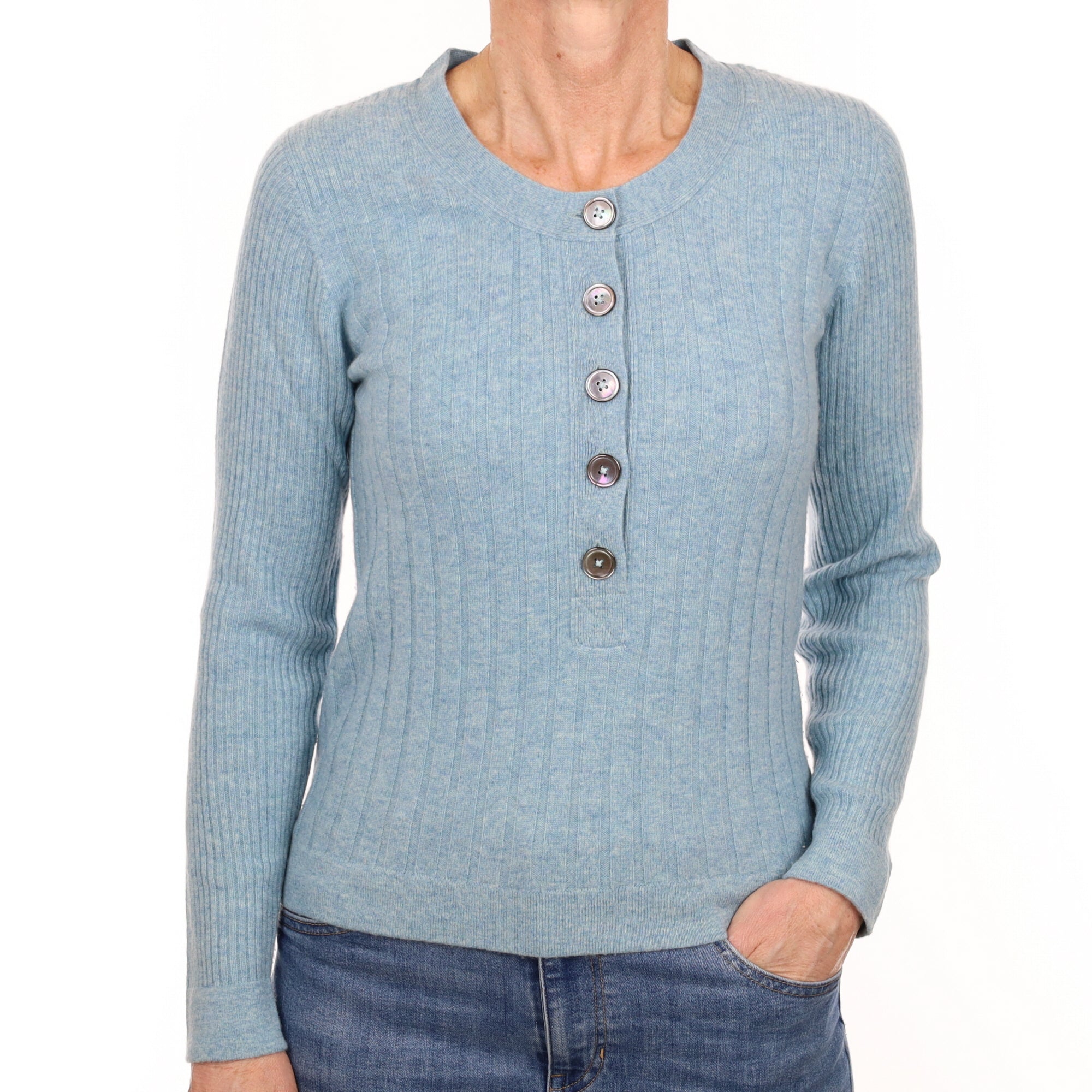 Brand New Opal Blue Cashmere Buttoned Crew Neck Jumper Small