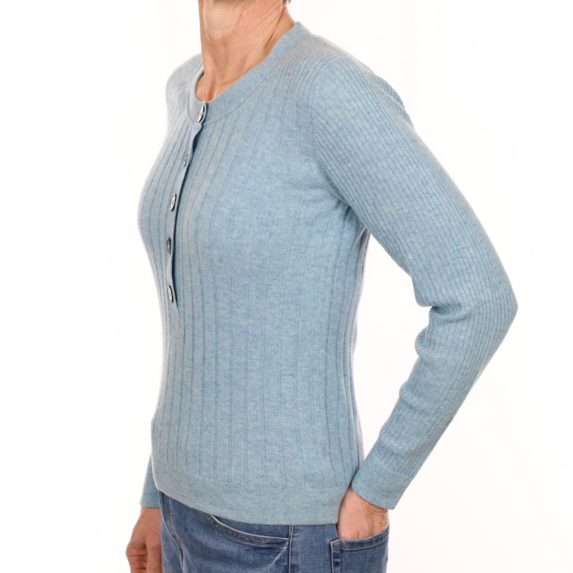 Brand New Opal Blue Cashmere Buttoned Crew Neck Jumper Small
