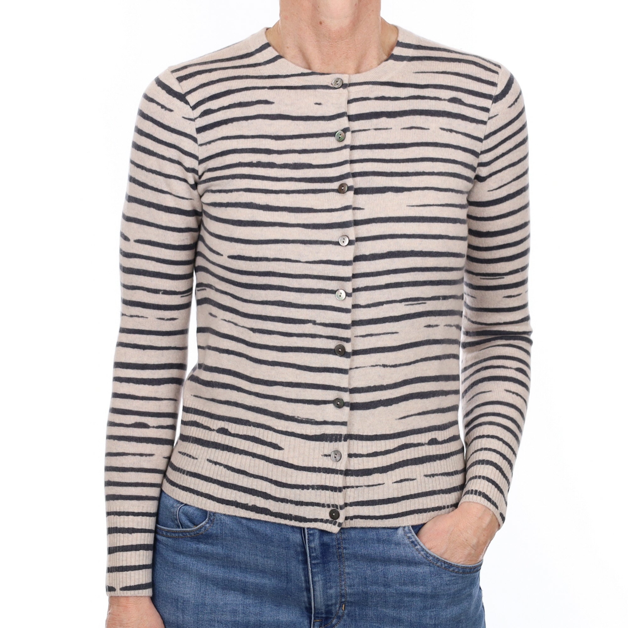 Brand New Grey Zebra Stripe Cashmere Crew Neck Cardigan Small