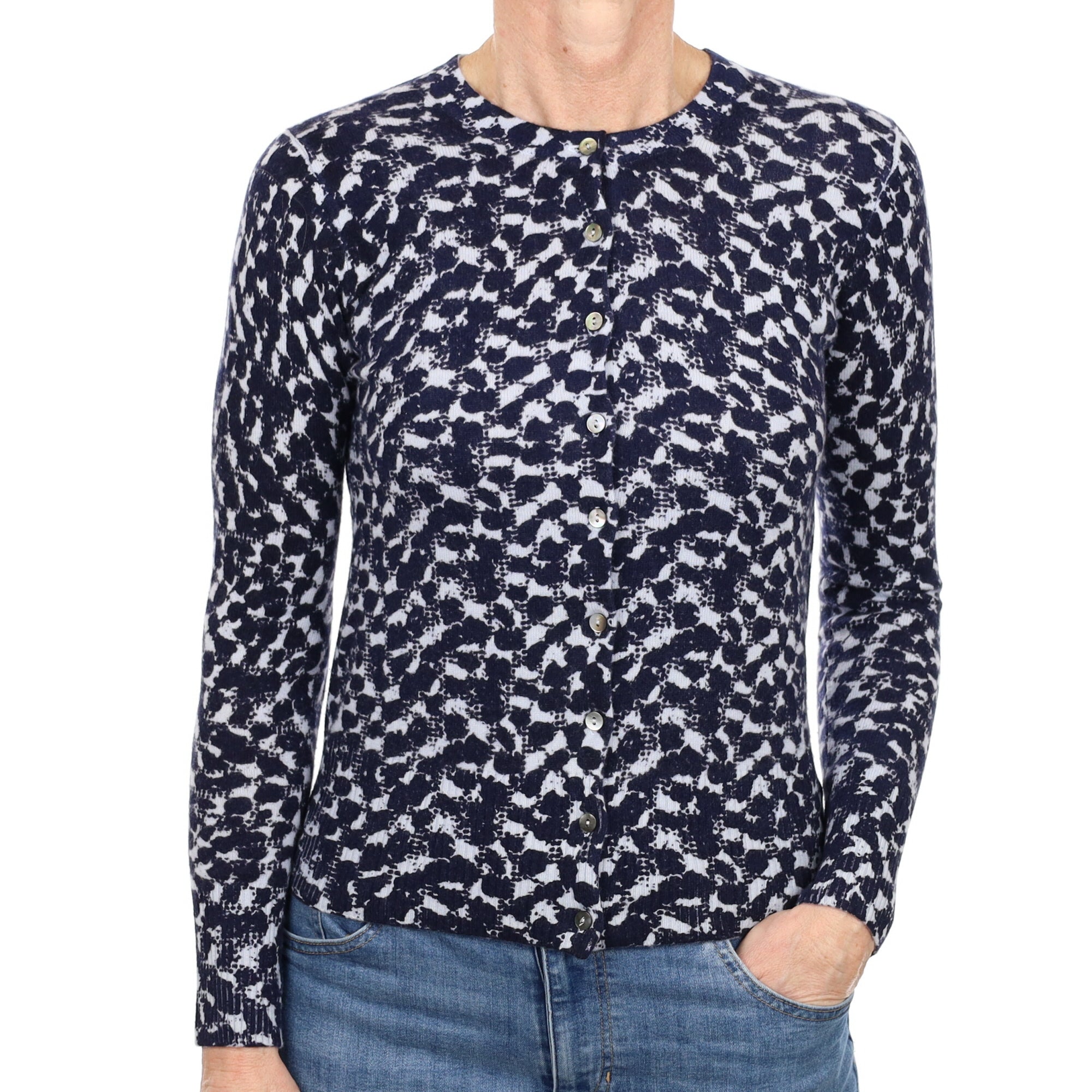 Brand New Navy Patterned Cashmere Crew Neck Cardigan Small