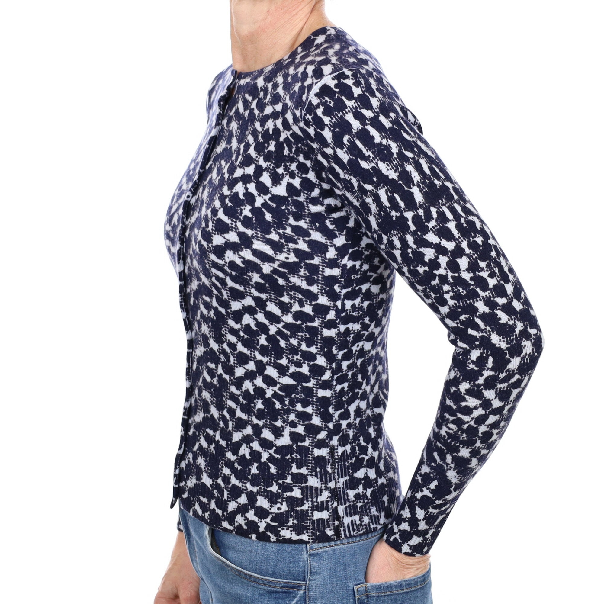 Brand New Navy Patterned Cashmere Crew Neck Cardigan Small